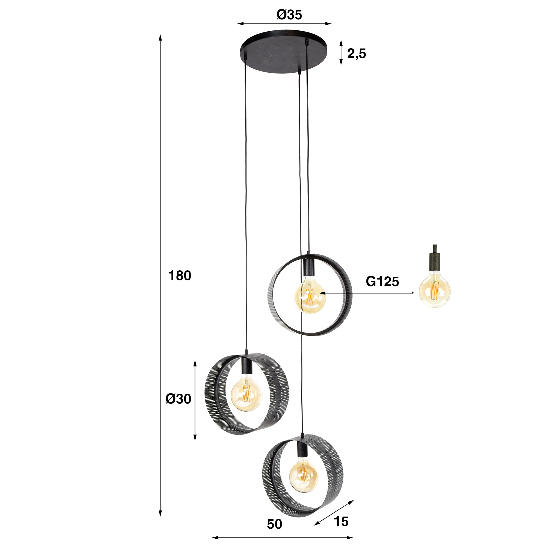 LifestyleFurn Hanglamp 'Dalvin' Charcoal finish, 3-lamps