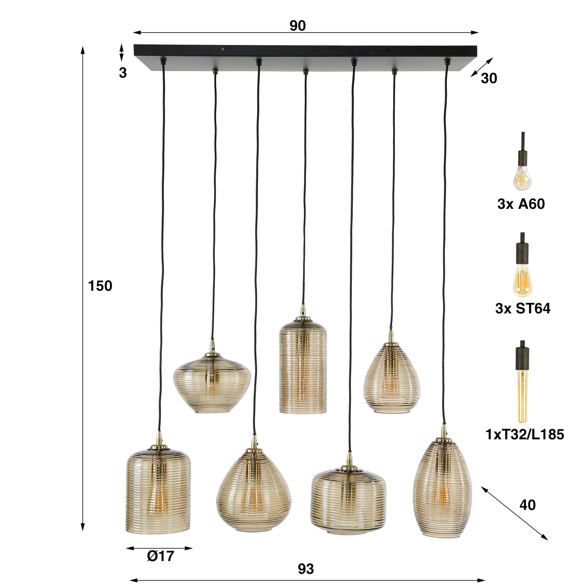 LifestyleFurn Hanglamp 'Kirin' Glas, 4+3-lamps