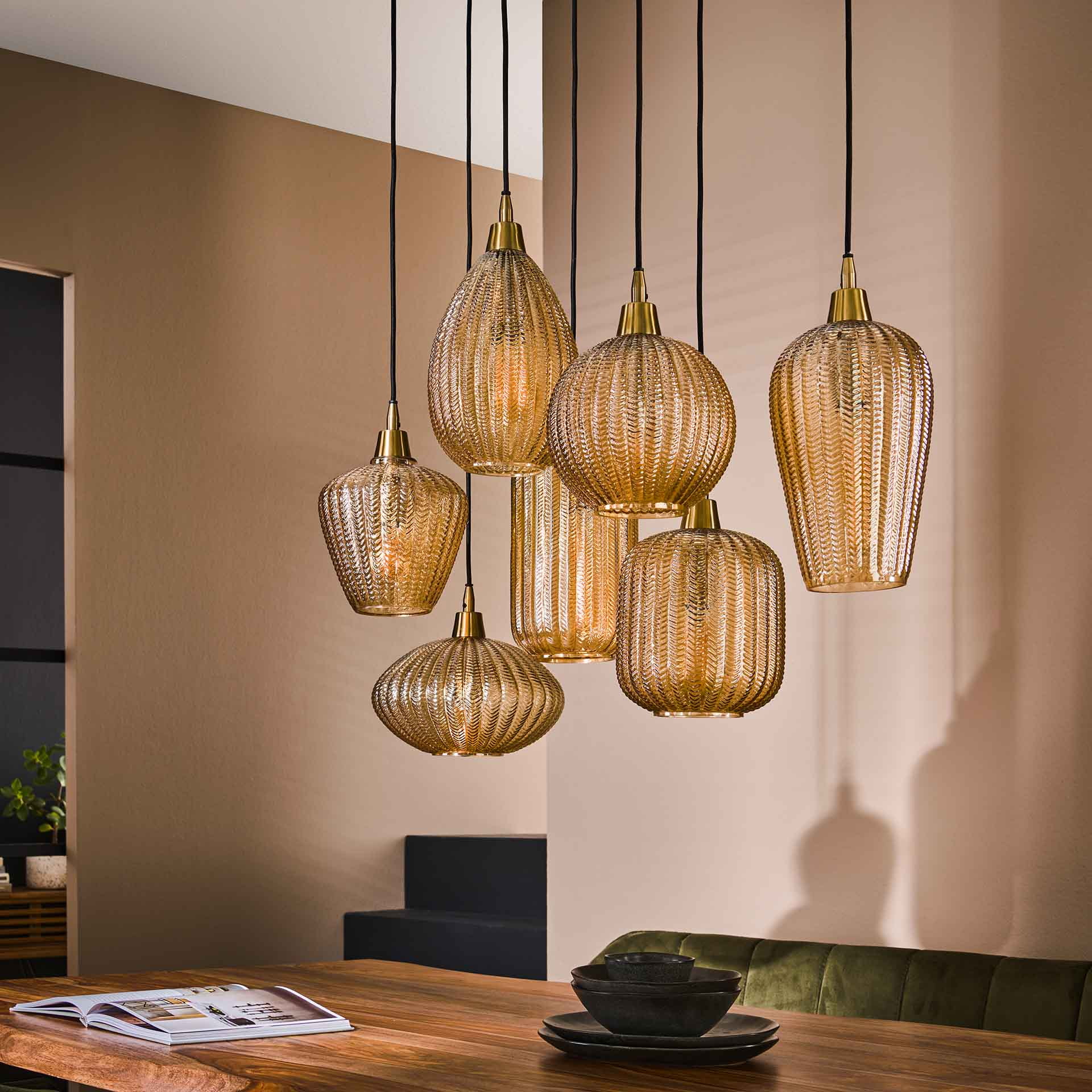 LifestyleFurn Hanglamp 'Malori' 7-lamps, Amber glas