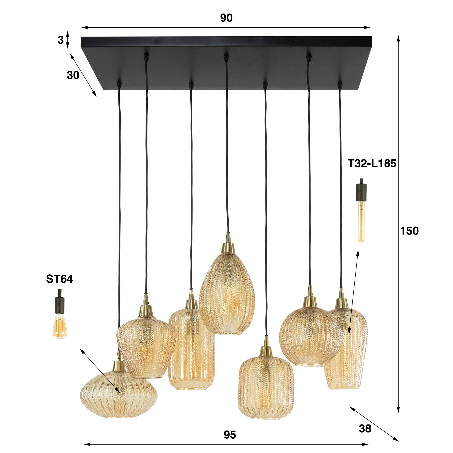 LifestyleFurn Hanglamp 'Malori' 7-lamps, Amber glas