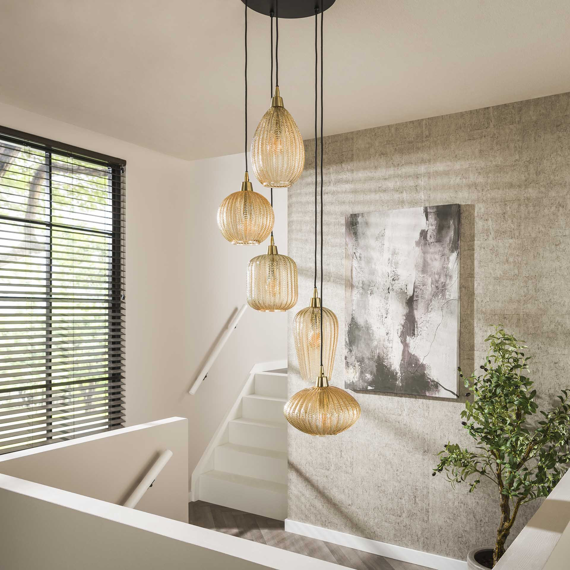 LifestyleFurn Hanglamp /Videlamp 'Dayn' 5-lamps glas, kleur Amber