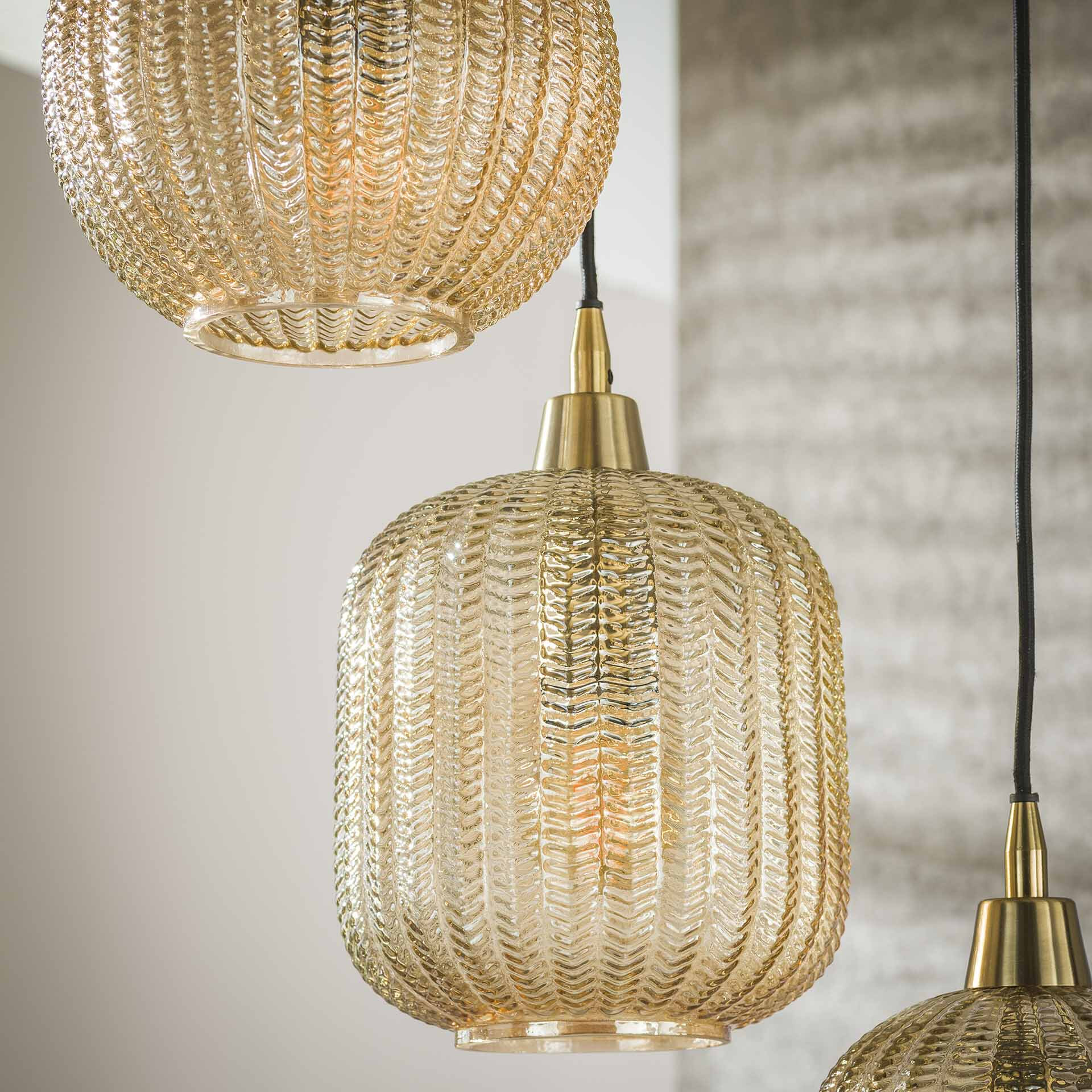 LifestyleFurn Hanglamp /Videlamp 'Dayn' 5-lamps glas, kleur Amber