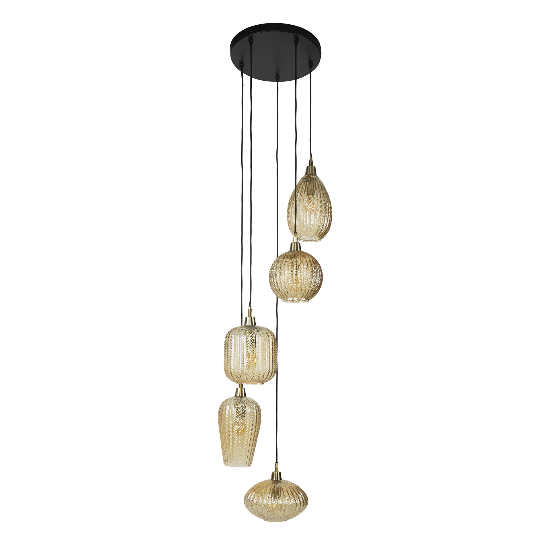 LifestyleFurn Hanglamp /Videlamp 'Dayn' 5-lamps glas, kleur Amber