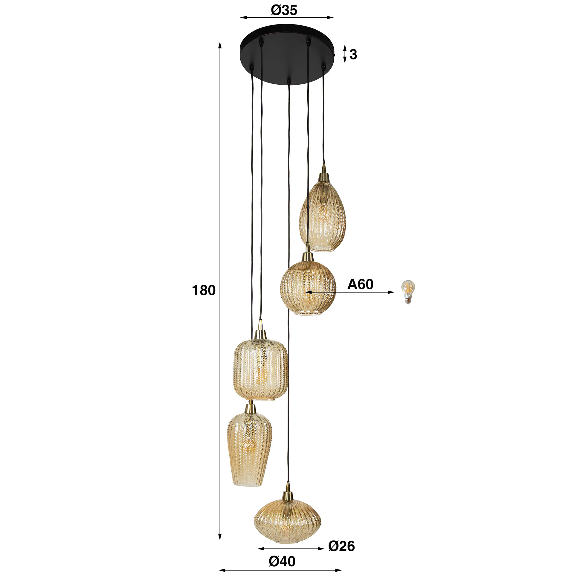 LifestyleFurn Hanglamp /Videlamp 'Dayn' 5-lamps glas, kleur Amber