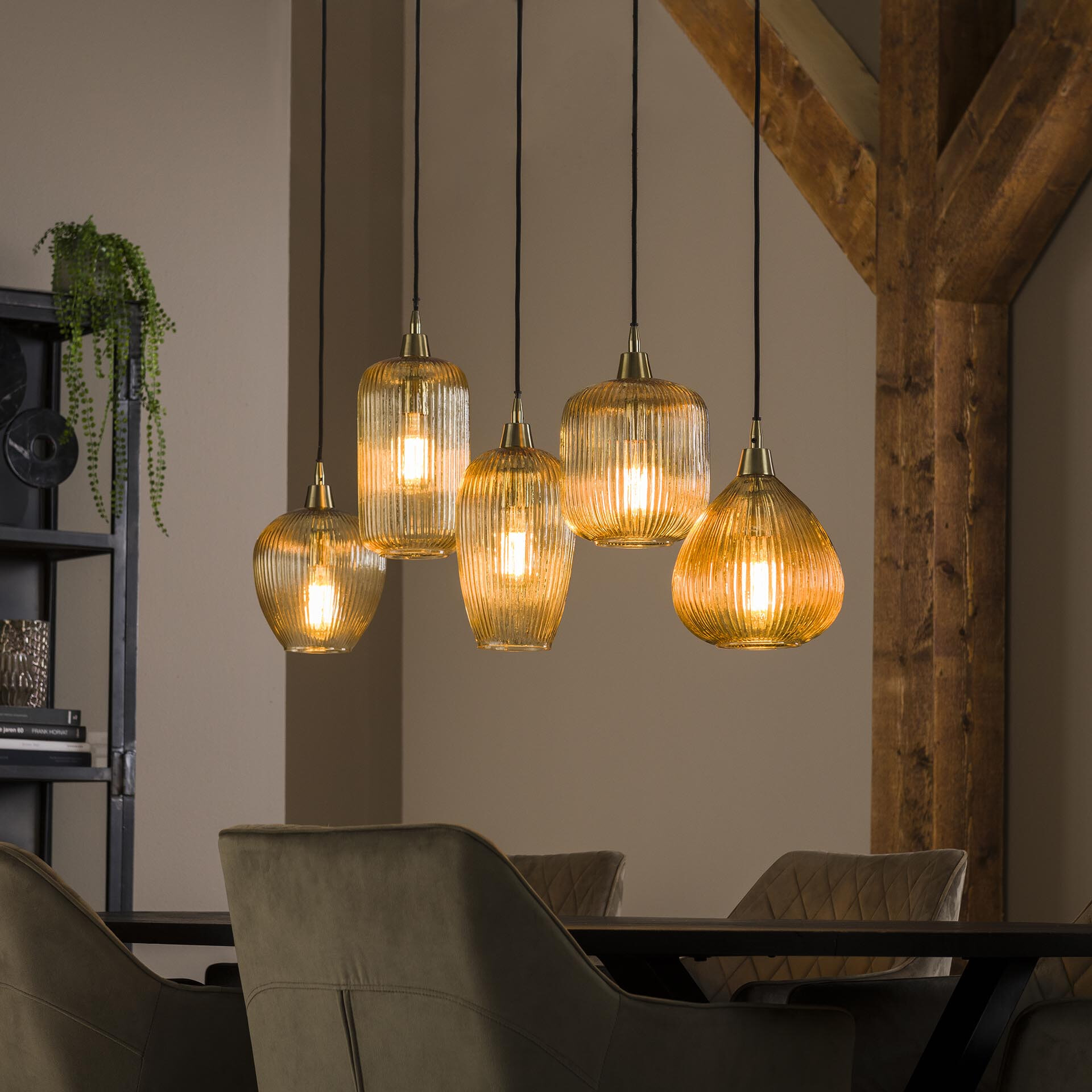 LifestyleFurn Hanglamp Zarek Glas 5-lamps - Amber