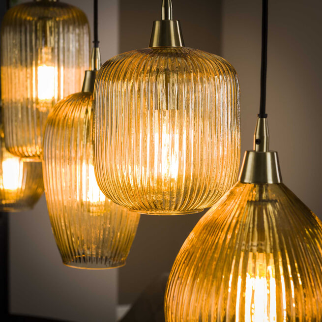 LifestyleFurn Hanglamp 'Zarek' Glas 5-lamps, kleur Amber