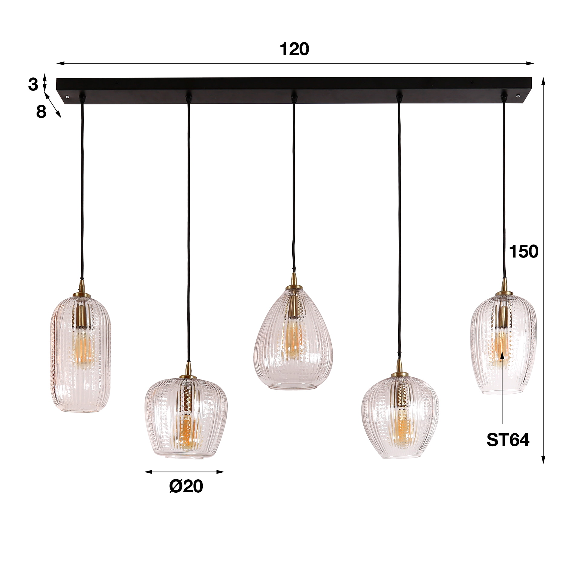LifestyleFurn Hanglamp 'Damy' Diamond glas, 5-lamps, kleur Roze