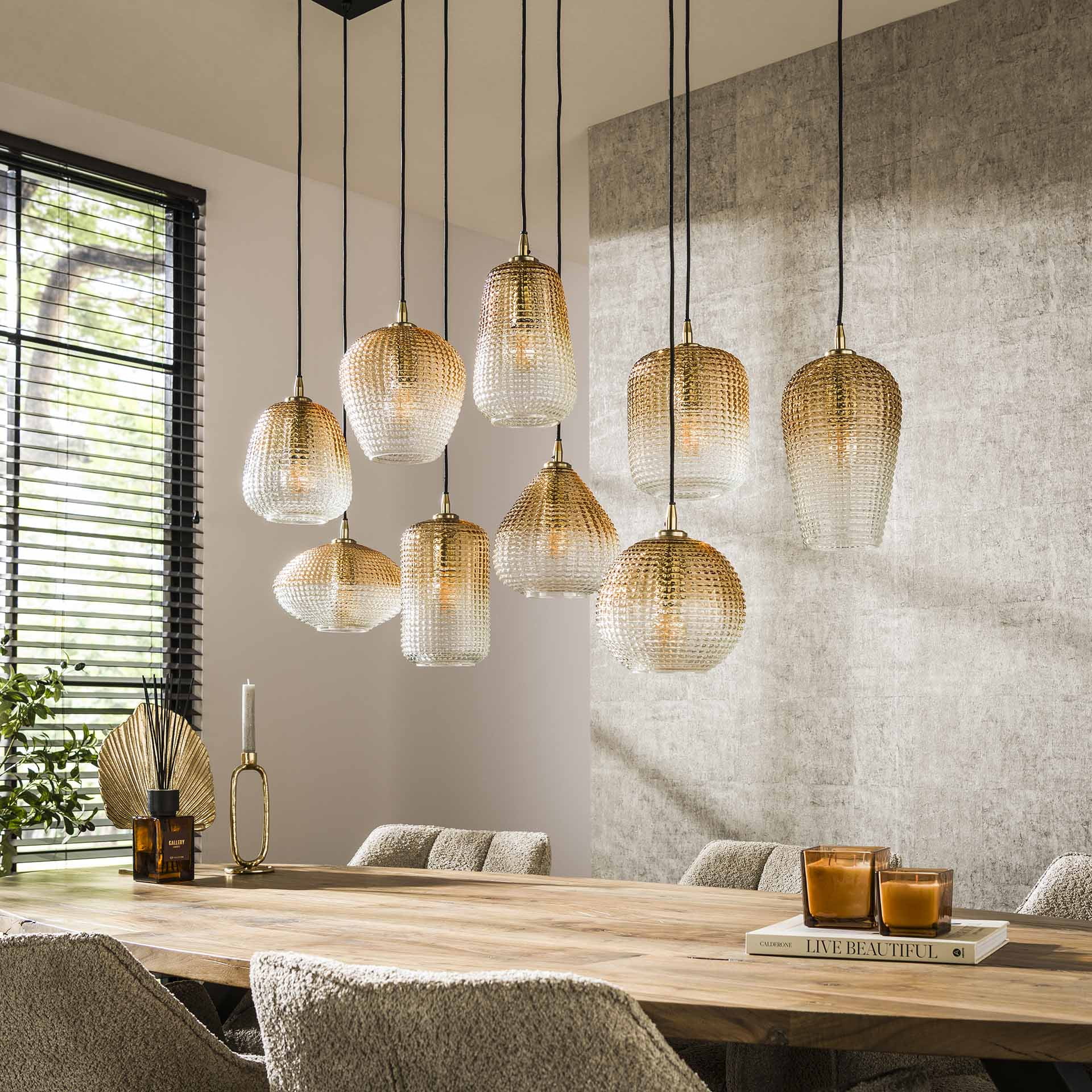 LifestyleFurn Hanglamp 'Tamecka' 9-lamps, kleur Amber