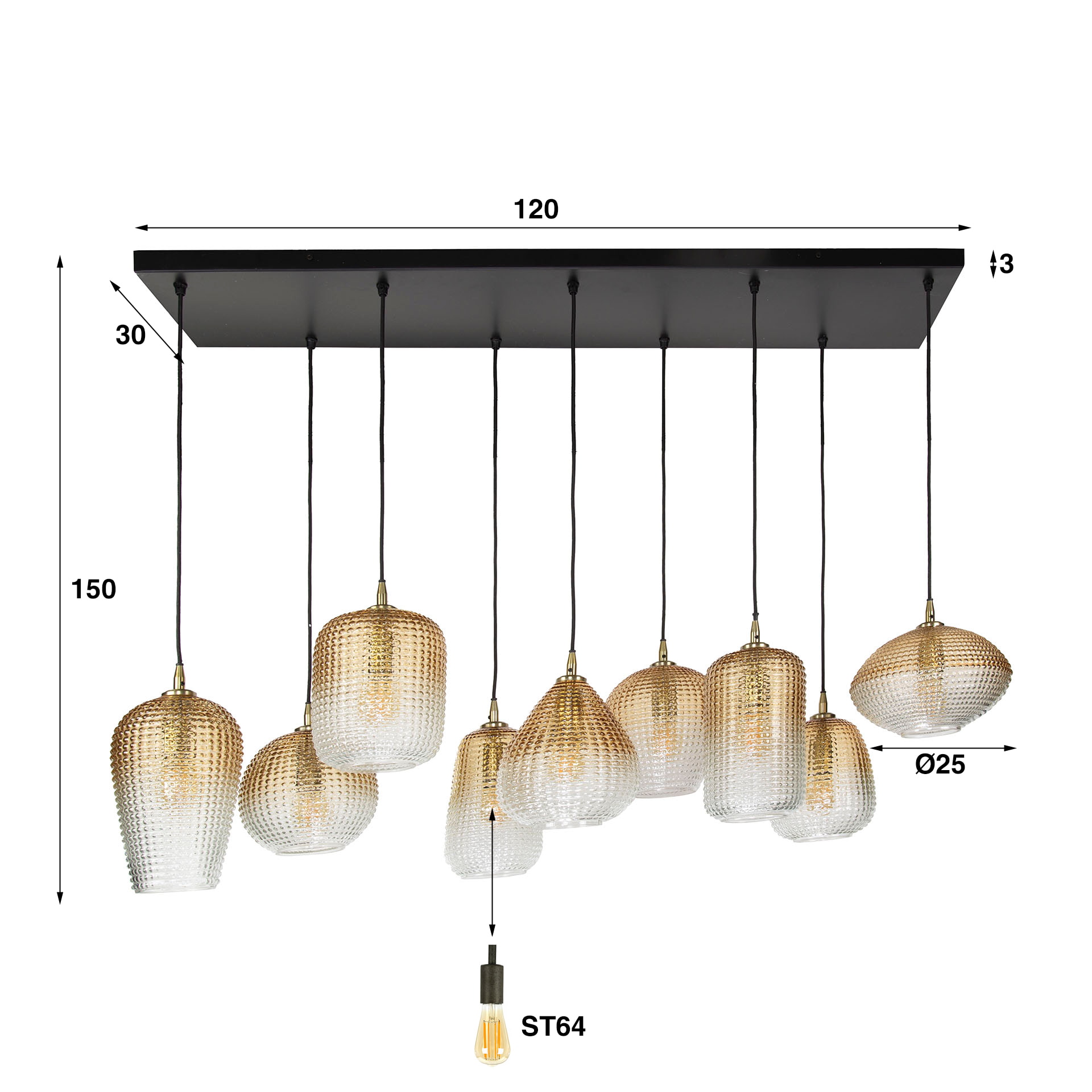 LifestyleFurn Hanglamp 'Tamecka' 9-lamps, kleur Amber