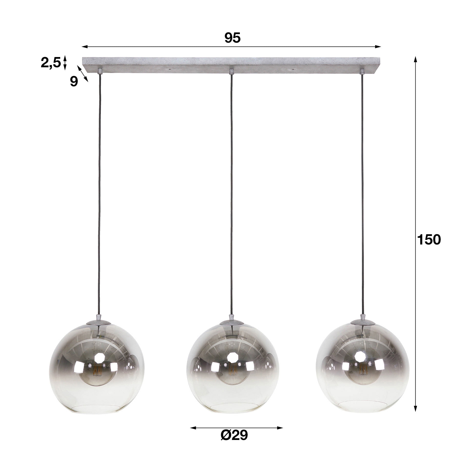 LifestyleFurn Hanglamp 'Wynetta' met 3 smoke-glas bollen, kleur Zilver