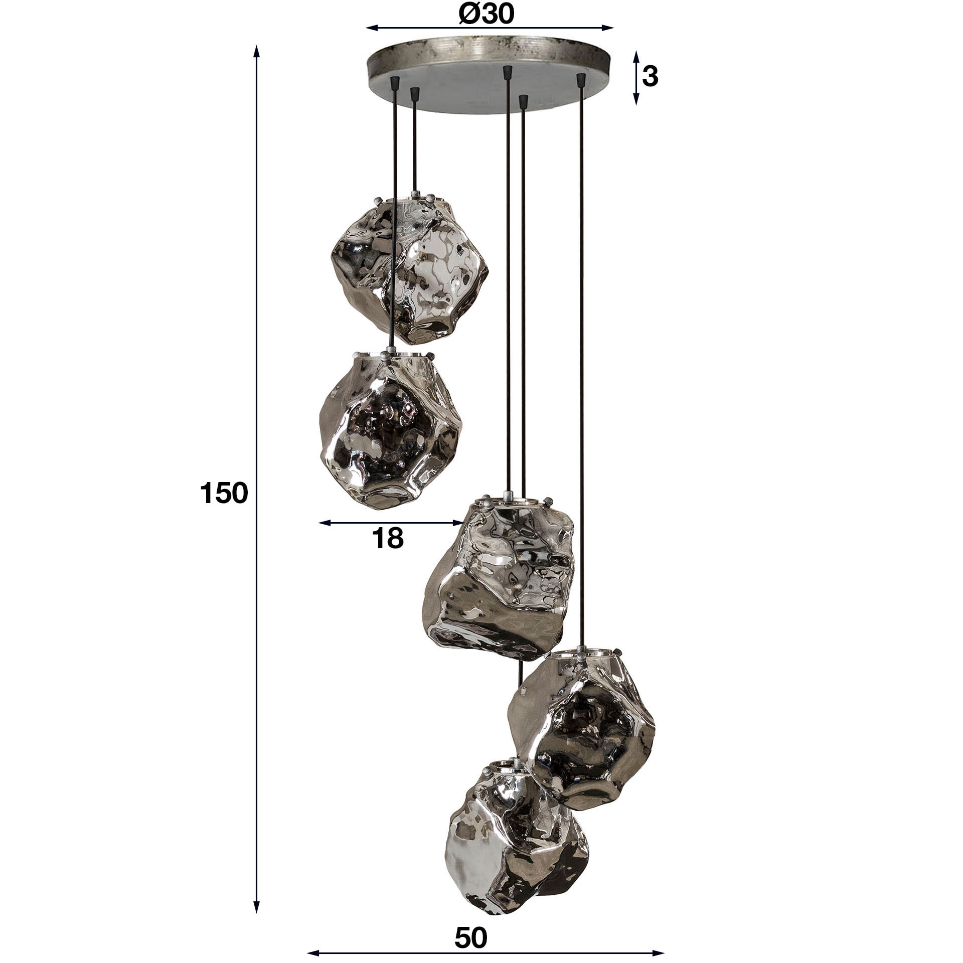LifestyleFurn Hanglamp 'Rock' 5-lamps, kleur Chromed