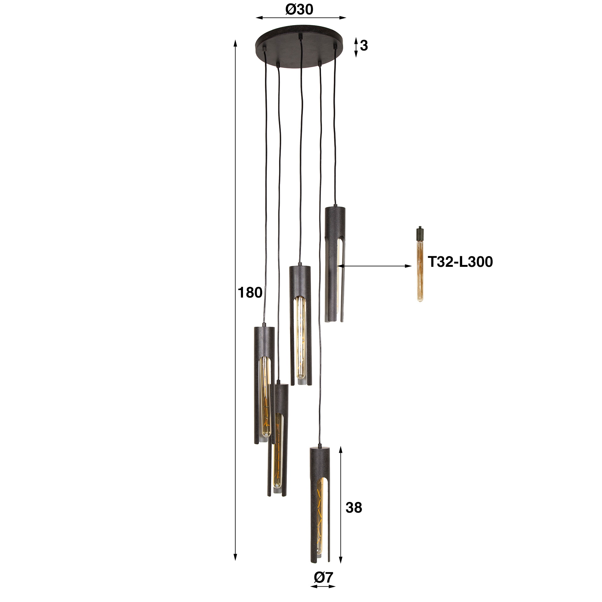 LifestyleFurn Hanglamp 'Charnelle' 5-lamps, Artic Black