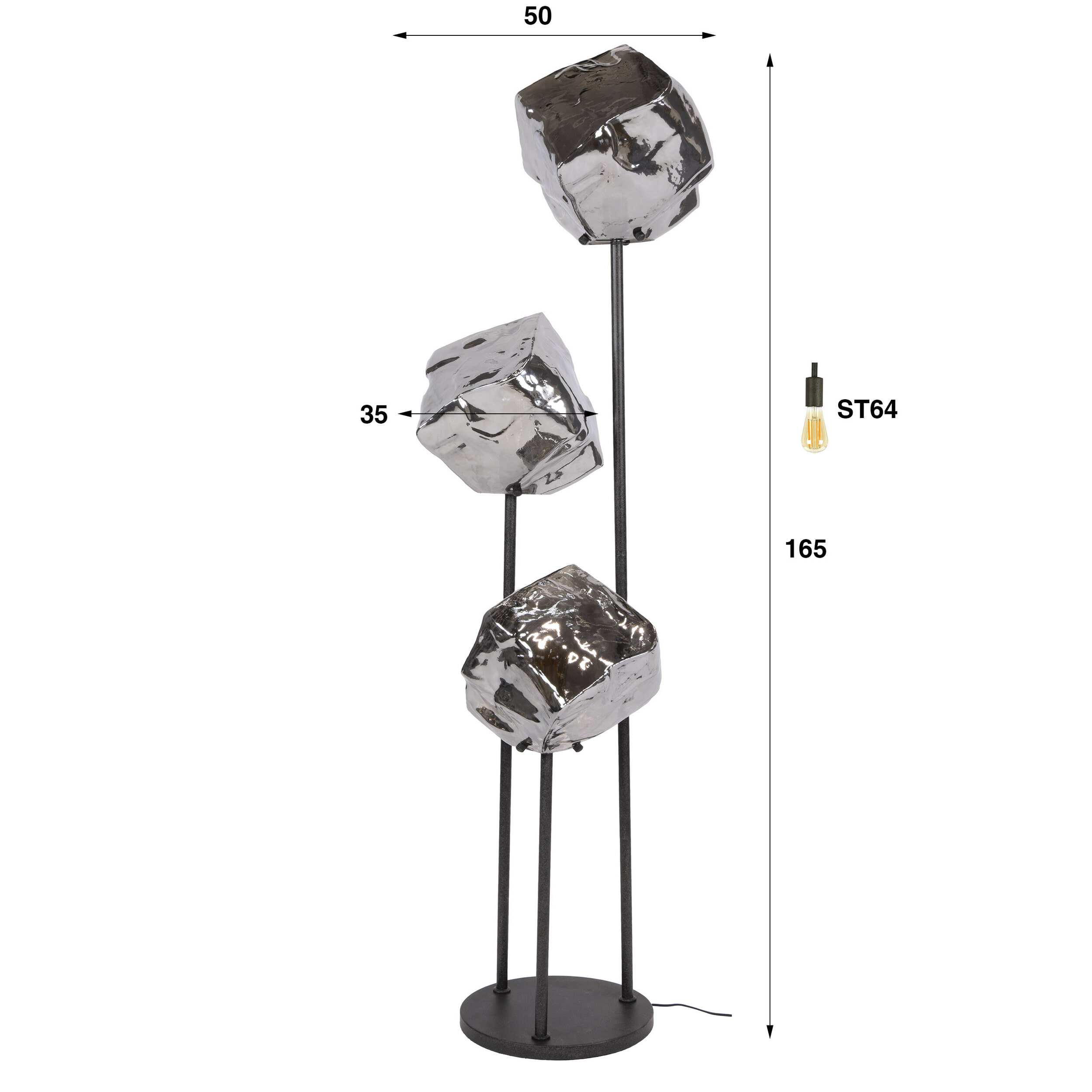 LifestyleFurn Vloerlamp 'Rock' 3-lamps, kleur Chromed