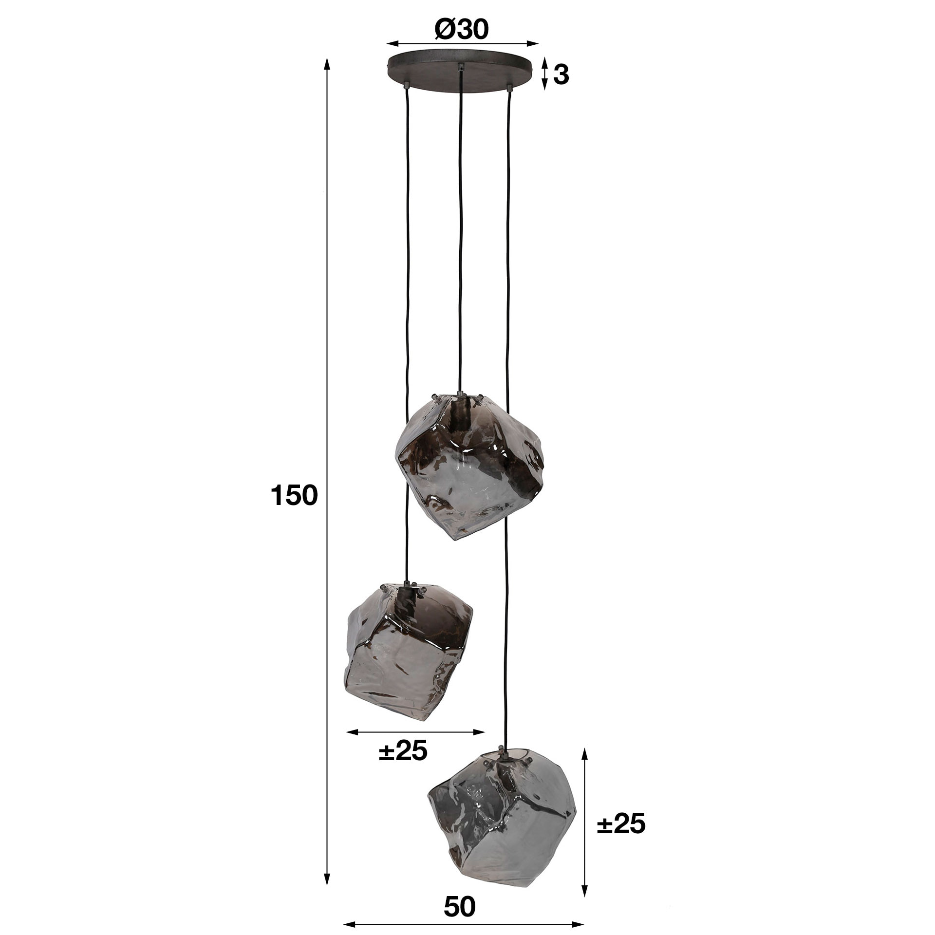 Hanglamp 'Rock' 3-lamps, kleur Chromed