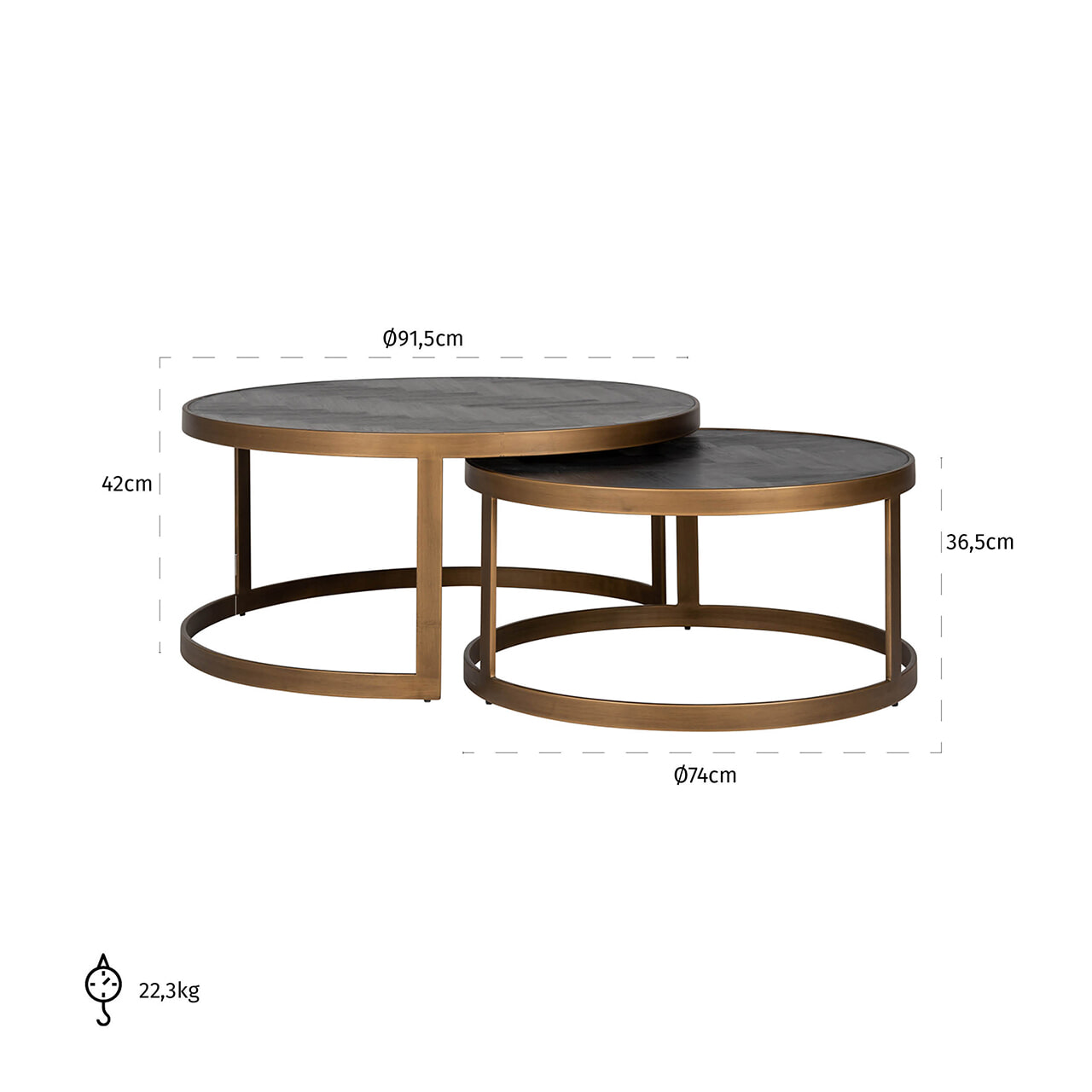 Richmond Ronde Salontafel 'Blackbone' Brass, Set van 2 stuks