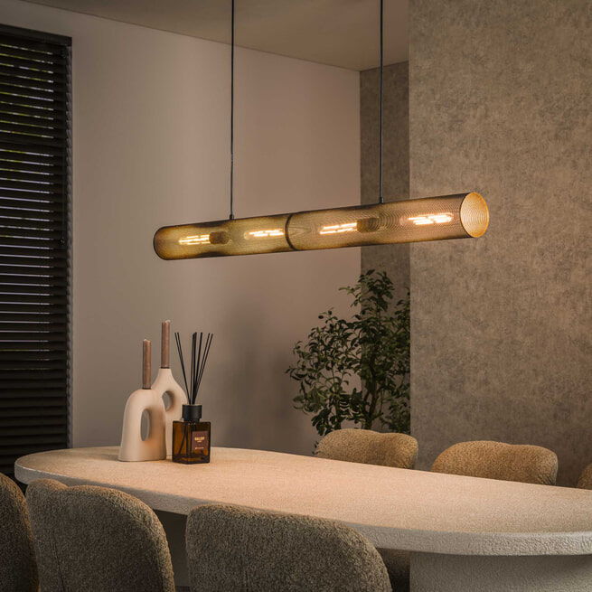 Hanglamp Malimea, 4-lichts hanglamp van metaal/hout/stof in de kleuren zwart /natuur/koper, hanglamp met houten balken en stoffen kappen, hoogte max. 135 cm, 4 x E14, zonder gloeilamp Hanglamp Malimea, 4-lichts hanglamp van metaal/hout/stof in de kleuren zwart /natuur/koper, hanglamp met houten balken en stoffen kappen, hoogte max. 135 cm, 4 x E14, zonder gloeilamp