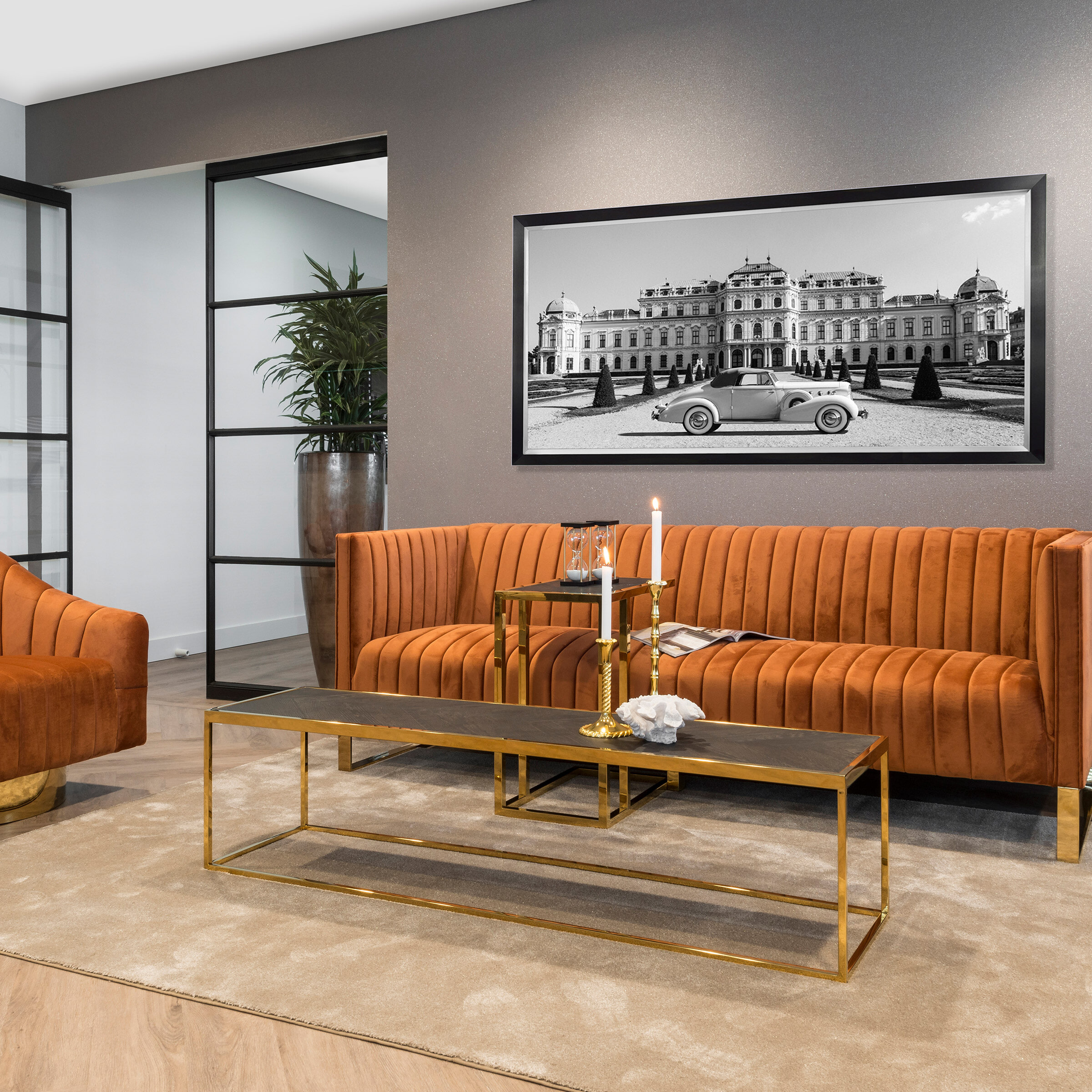 Richmond Salontafel 'Blackbone' Eikenhout en Staal, kleur Goud, 160 x 40cm Richmond Salontafel 'Blackbone' Eikenhout en Staal, kleur Goud, 160 x 40cm