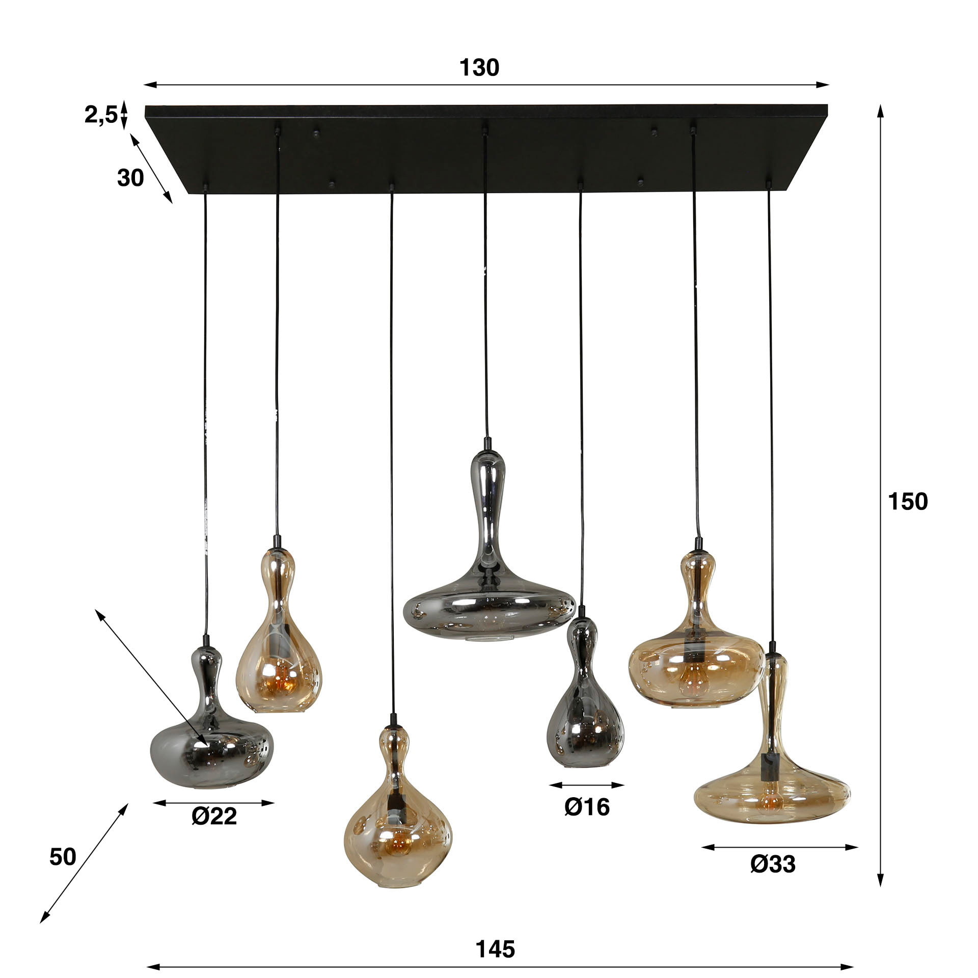 LifestyleFurn Hanglamp 'San' Glas, 4+3-lamps
