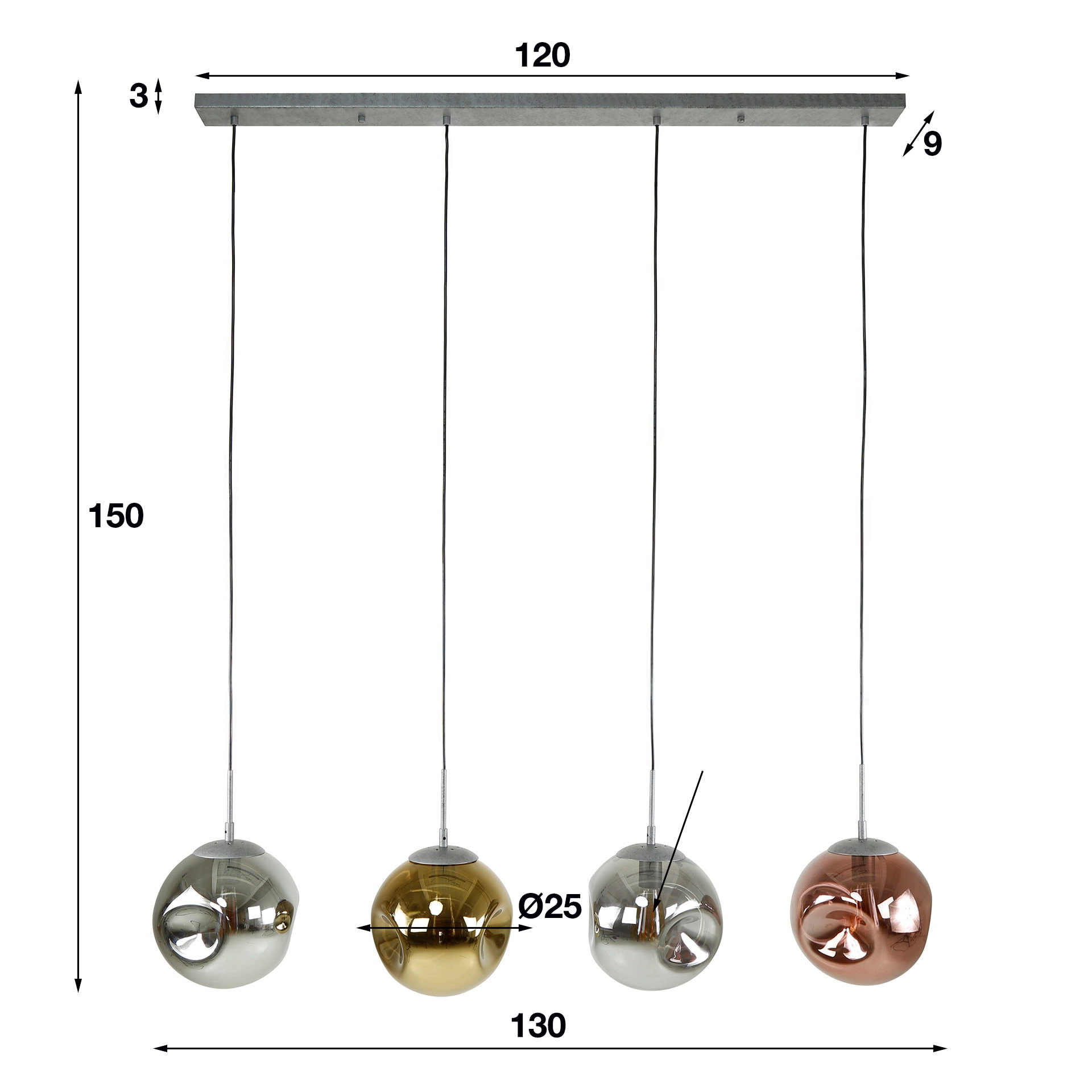 LifestyleFurn Hanglamp 'Yair' 4-lamps, kleur Oud Zilver