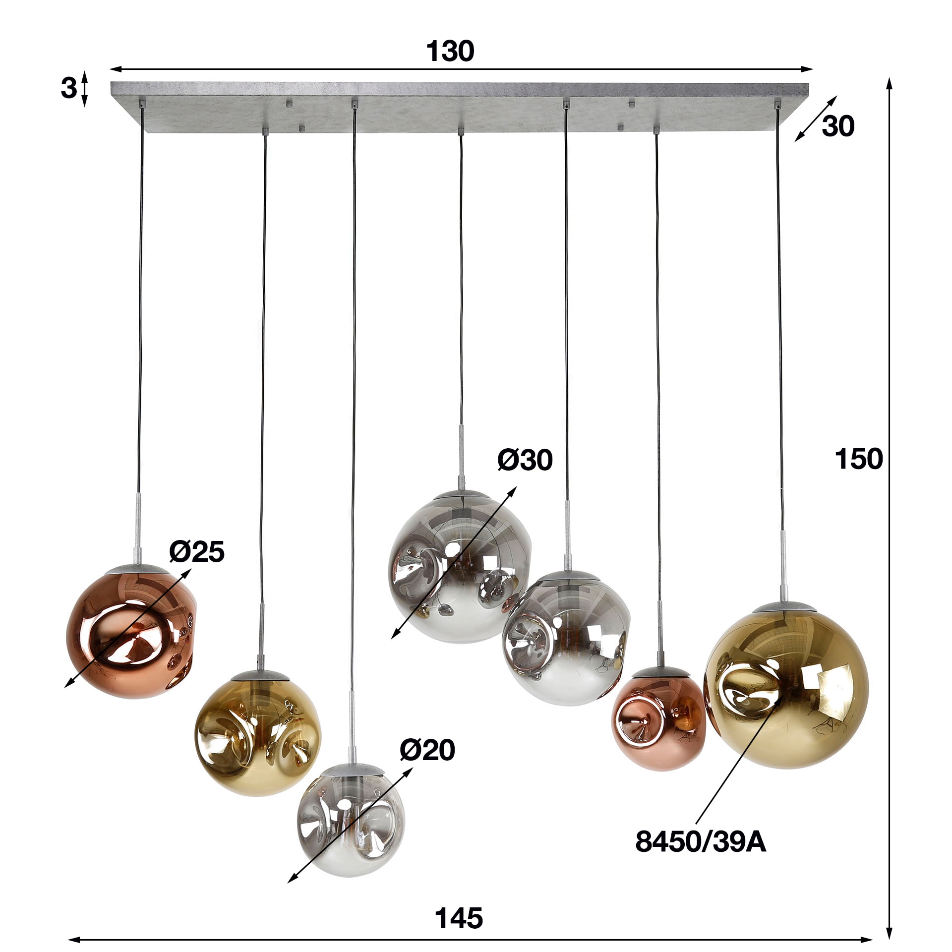 LifestyleFurn Hanglamp 'Yair' Glas, 7-lamps