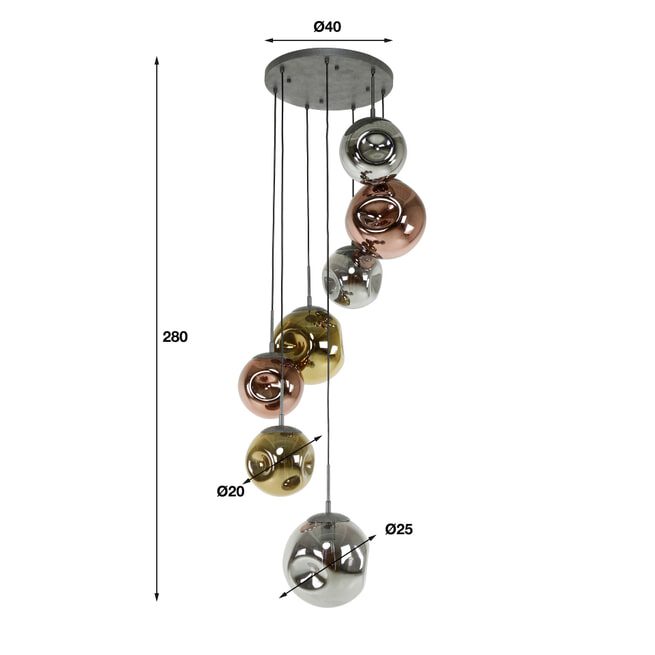 LifestyleFurn Hanglamp 'Yair' 7-lamps Getrapt, kleur Oud Zilver