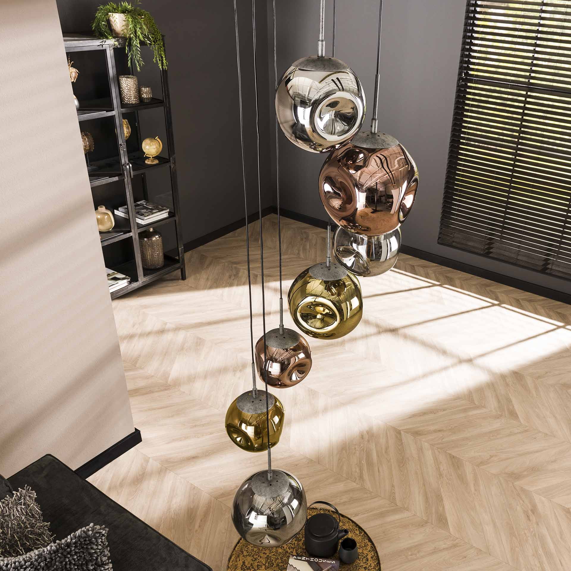 LifestyleFurn Hanglamp 'Yair' 7-lamps Getrapt, kleur Oud Zilver