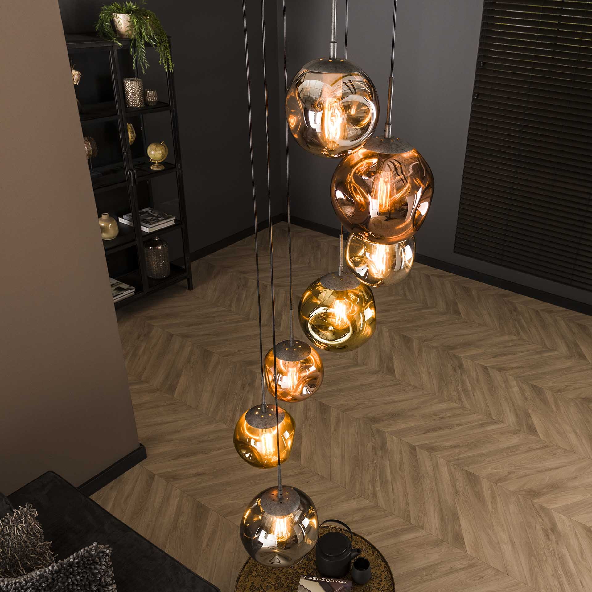 LifestyleFurn Hanglamp 'Yair' 7-lamps Getrapt, kleur Oud Zilver