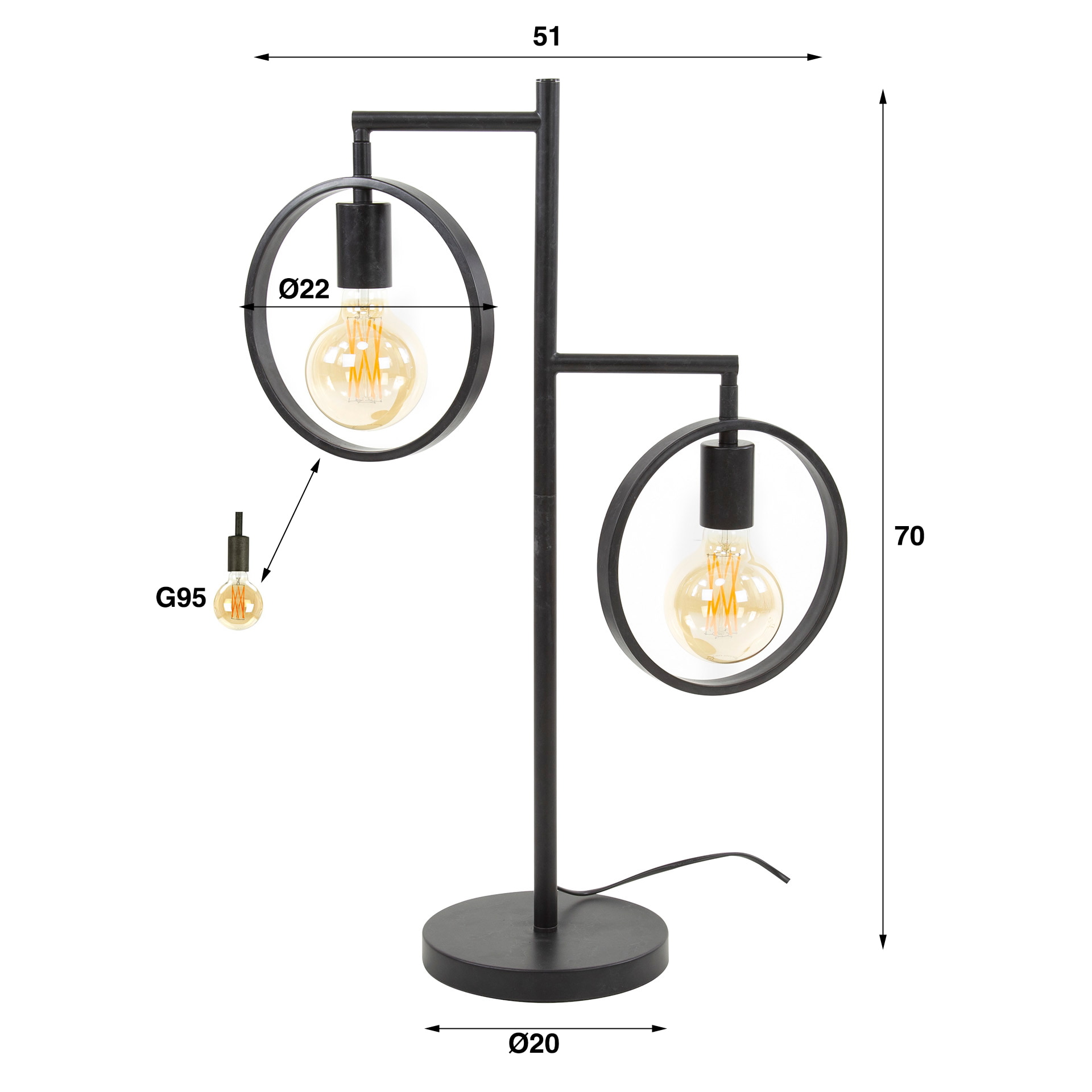 LifestyleFurn Tafellamp 'Holley' 2-lamps, Ø22cm, kleur Charcoal