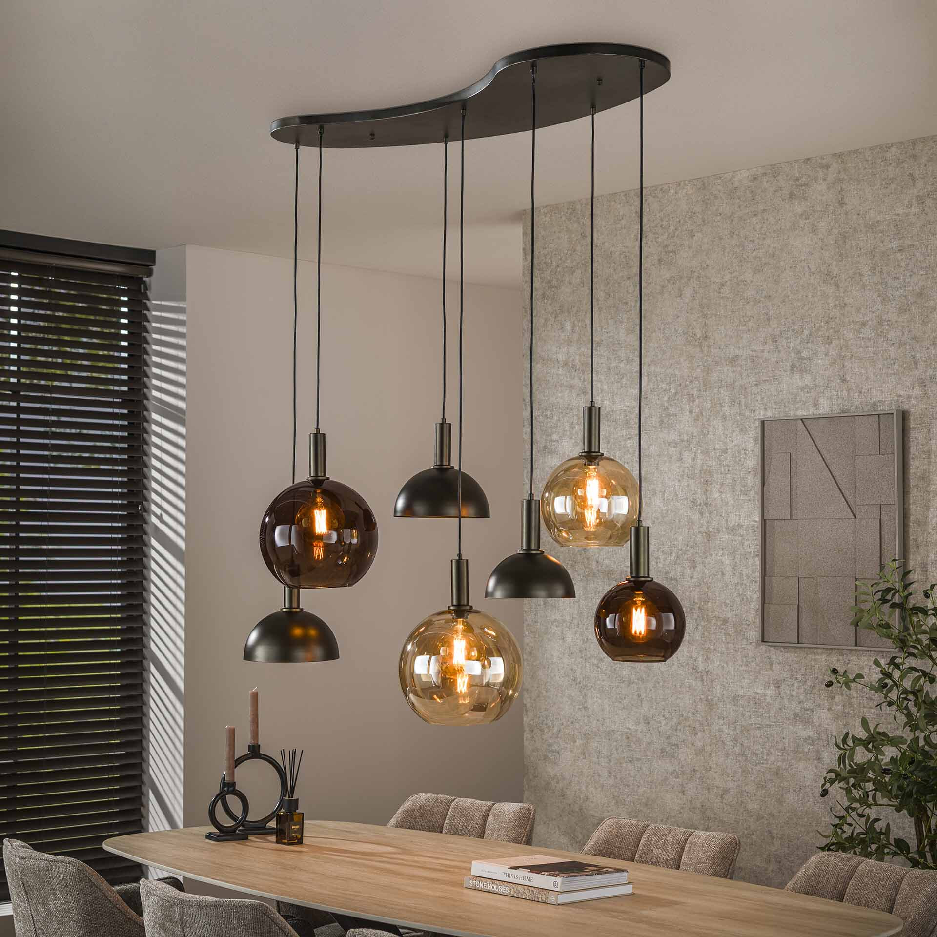 LifestyleFurn Hanglamp Jocelyn Glas en metaal, 4+3-lamps - Sienna bruin