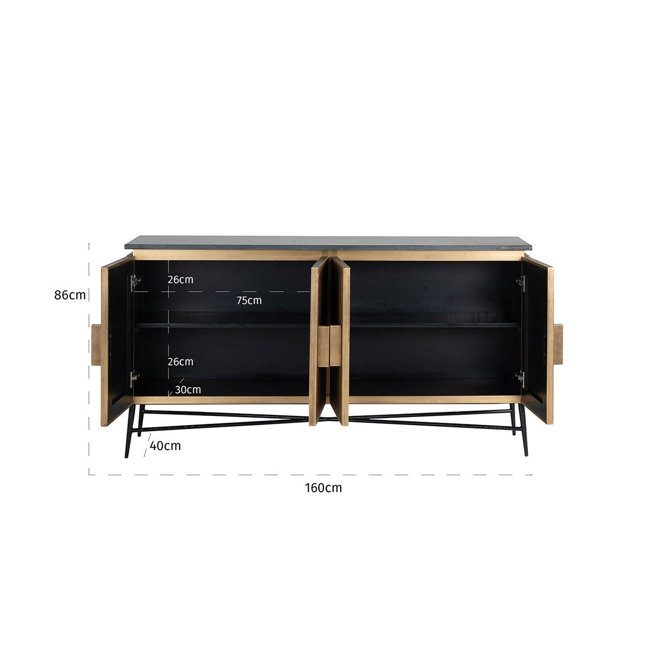 Richmond Dressoir 'Ironville' 160cm, kleur goud / zwart marmer