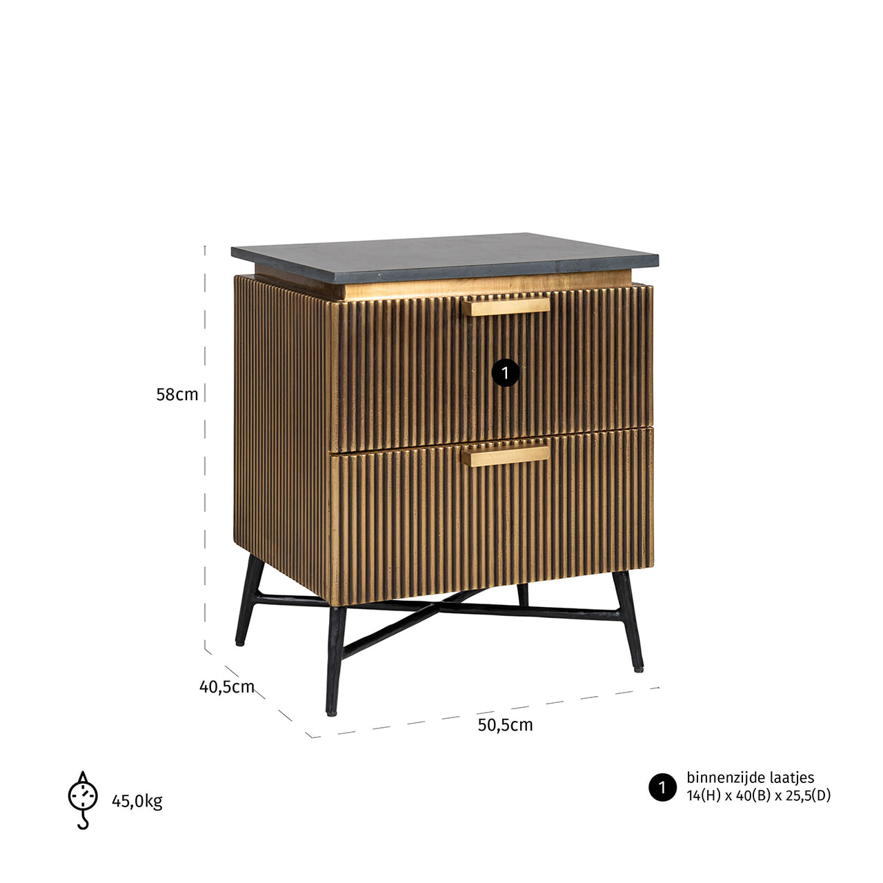 Richmond Nachtkastje 'Ironville', kleur goud / zwart marmer