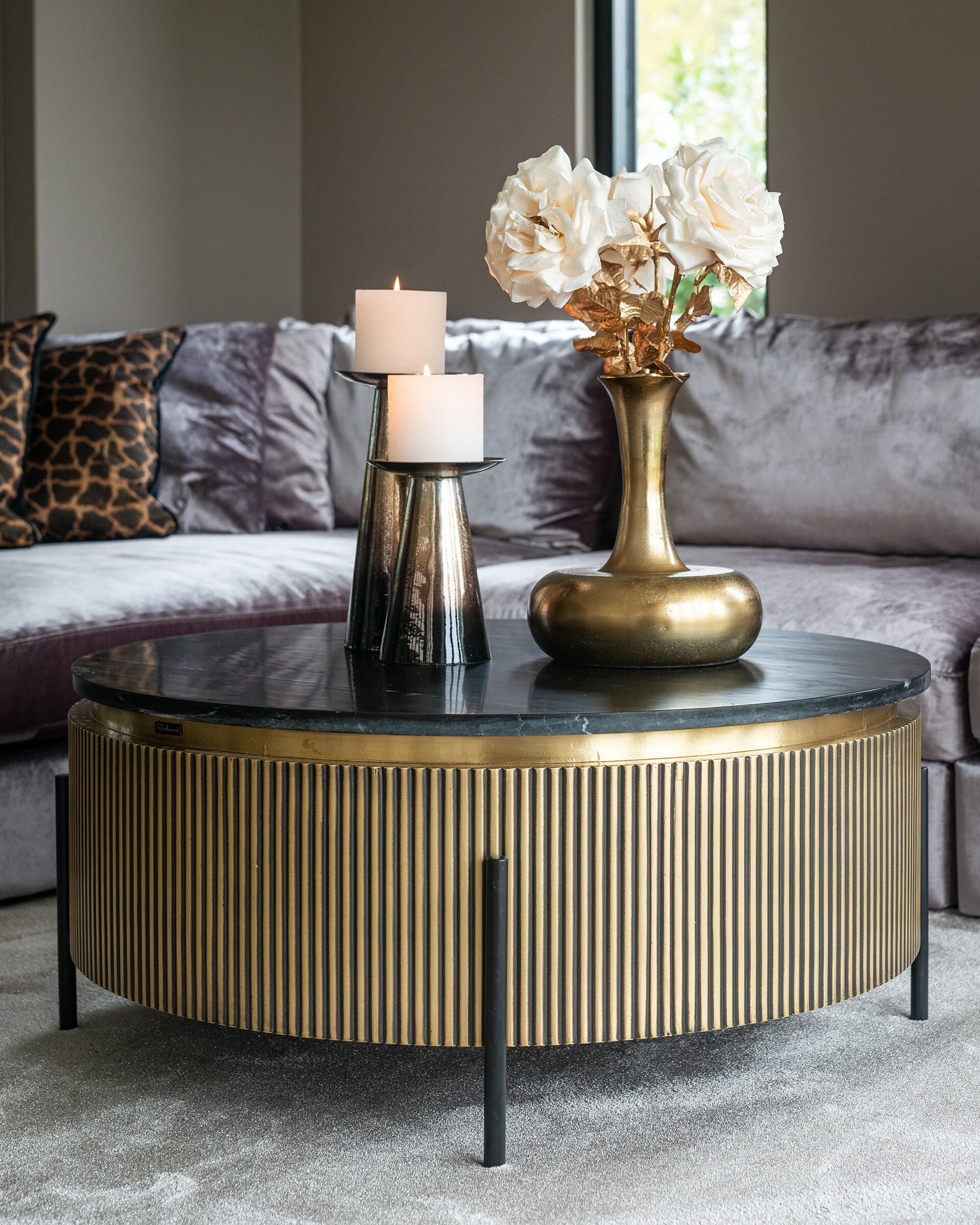 Richmond Ronde Salontafel 'Ironville' Ø90cm, goud / zwart marmer