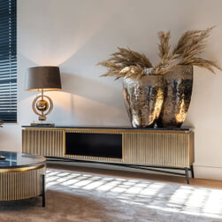 Moderne TV-kast 180 X 40 X 50 Cm Met LED's - Gouden Metalen Poten - Glazen Front En 4 Lades Mdf Wit Moderne TV-kast 180 X 40 X 50 Cm Met LED's - Gouden Metalen Poten - Glazen Front En 4 Lades Mdf Wit