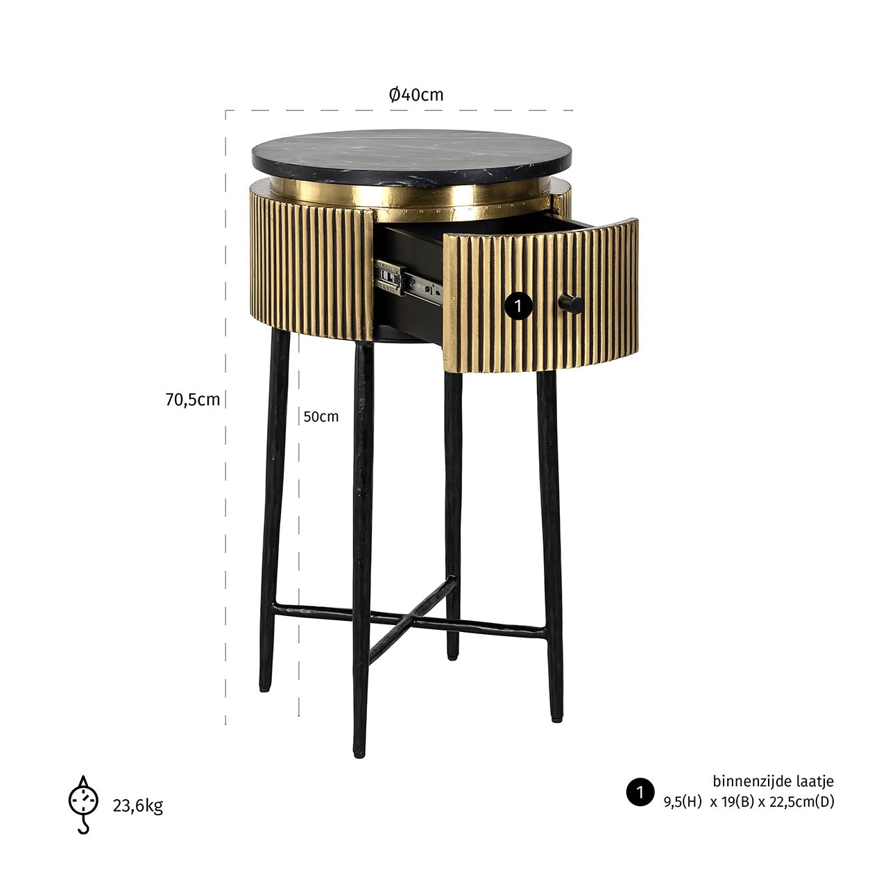 Richmond Bijzettafel/Nachtkastje 'Ironville' Marmer en Brass, 40cm
