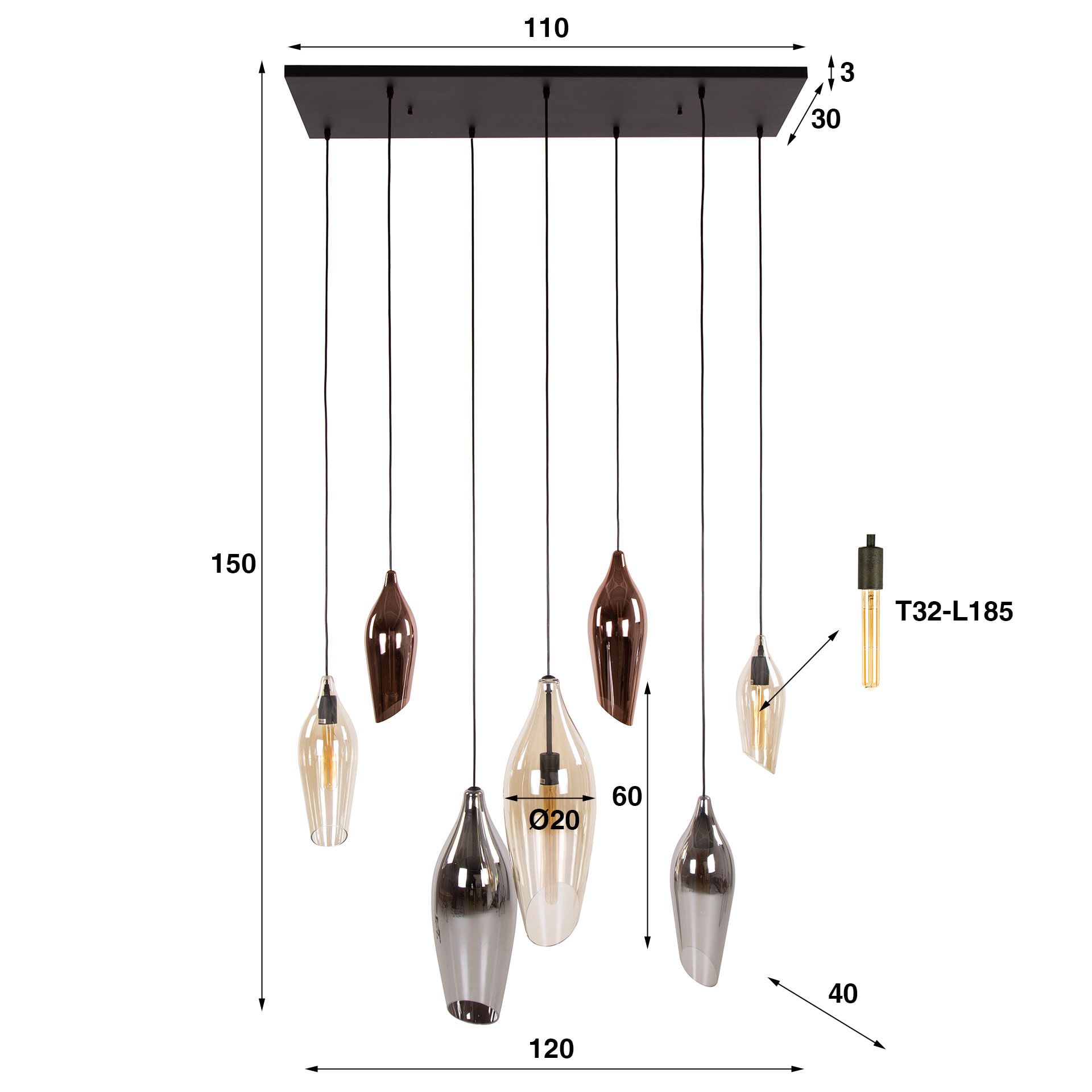 LifestyleFurn Hanglamp 'Luvia' Glas, 4+3-lamps