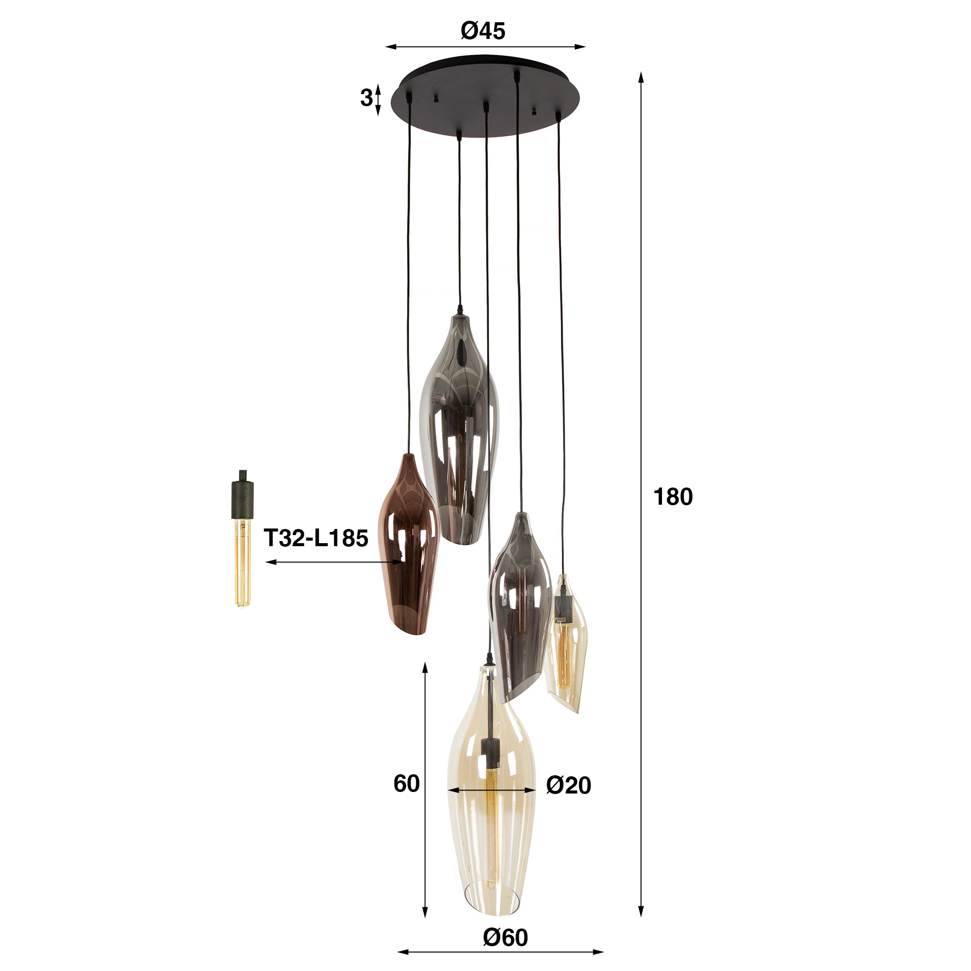 LifestyleFurn Hanglamp 'Luvia' Glas, 5-lamps