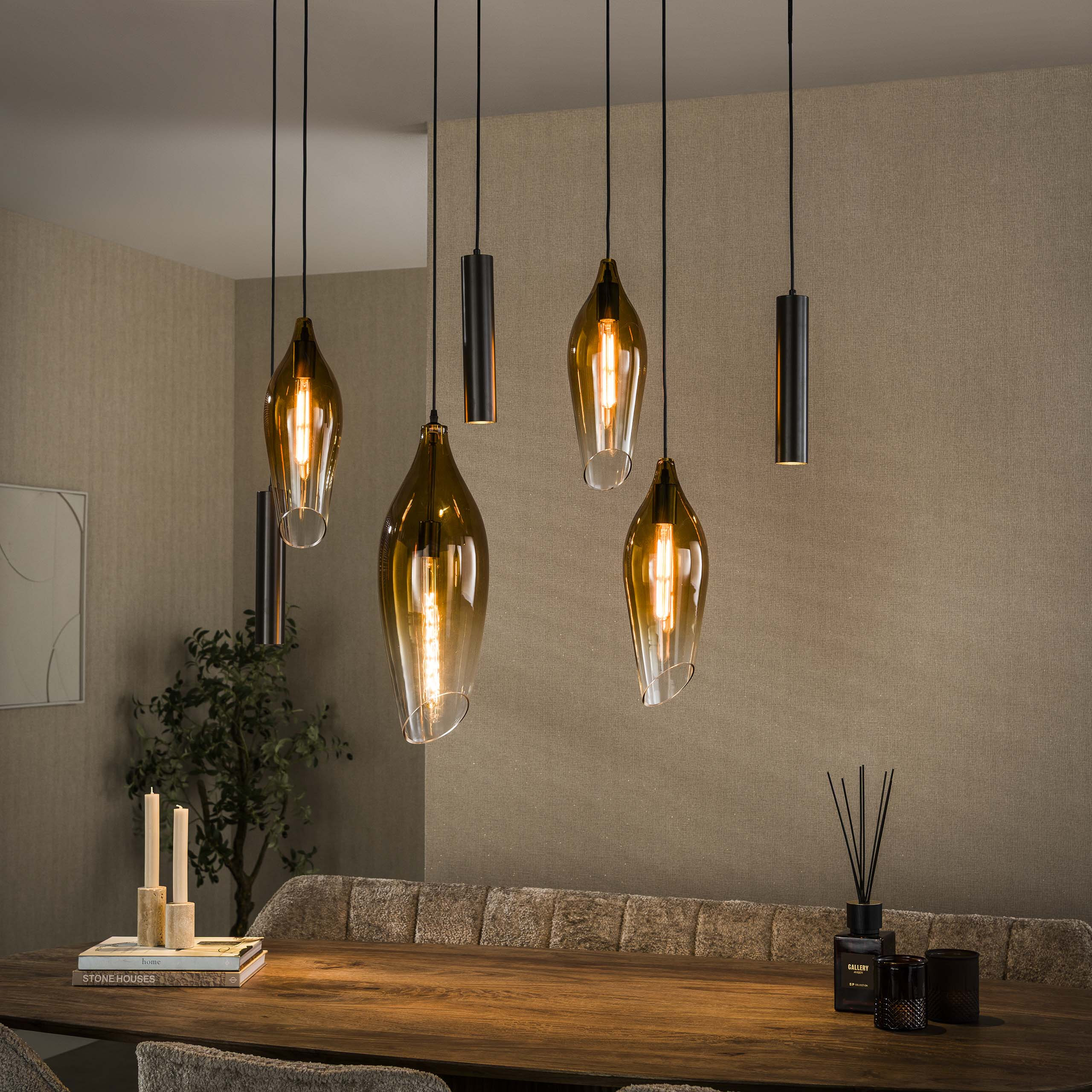 LifestyleFurn Hanglamp Luvia Glas, 4+3-lamps - Sienna Bruin