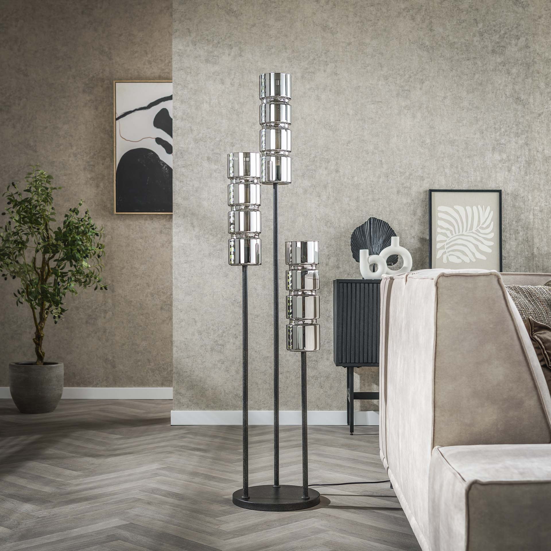 LifestyleFurn Vloerlamp 'Kamee' 3-lamps, 155cm, kleur Artic Black