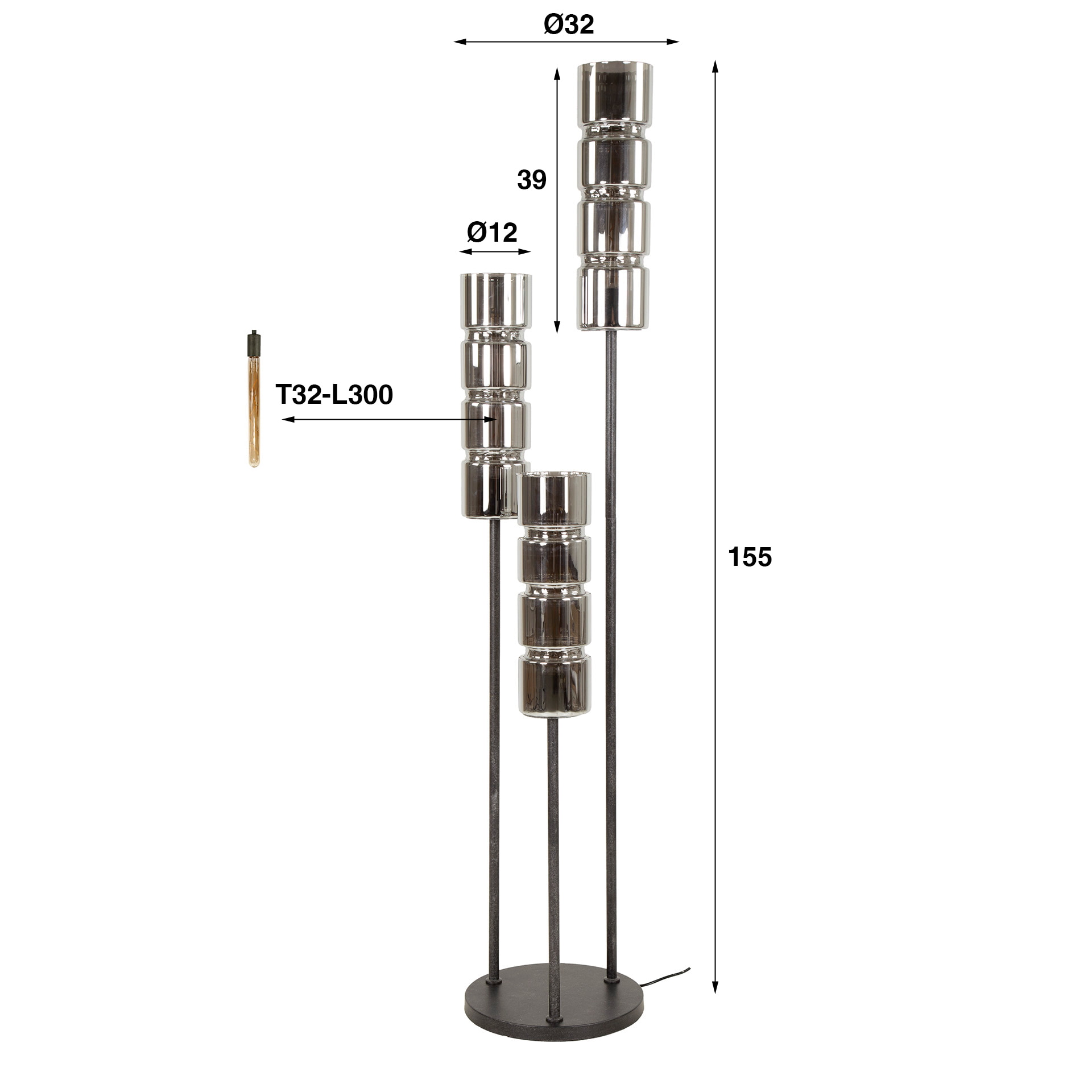 LifestyleFurn Vloerlamp 'Kamee' 3-lamps, 155cm, kleur Artic Black