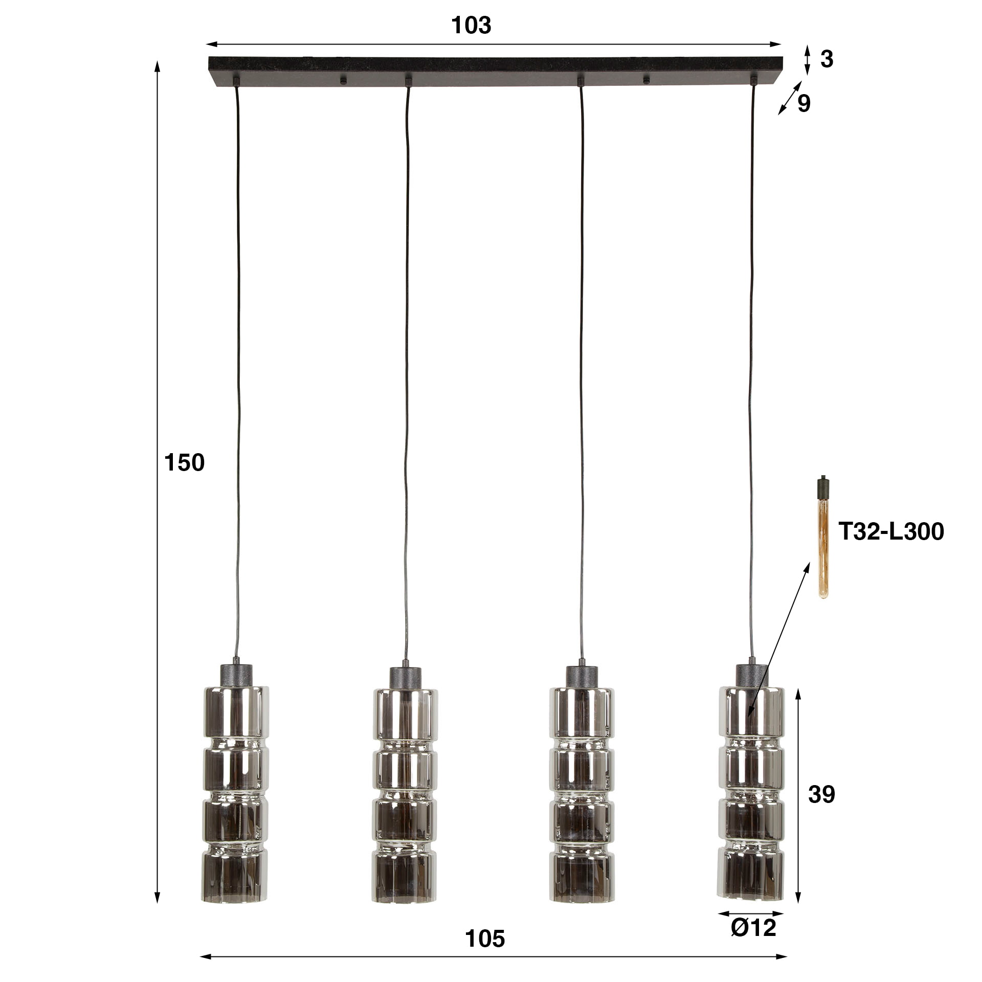 LifestyleFurn Hanglamp 'Kamee' 4-lamps, kleur Artic Black