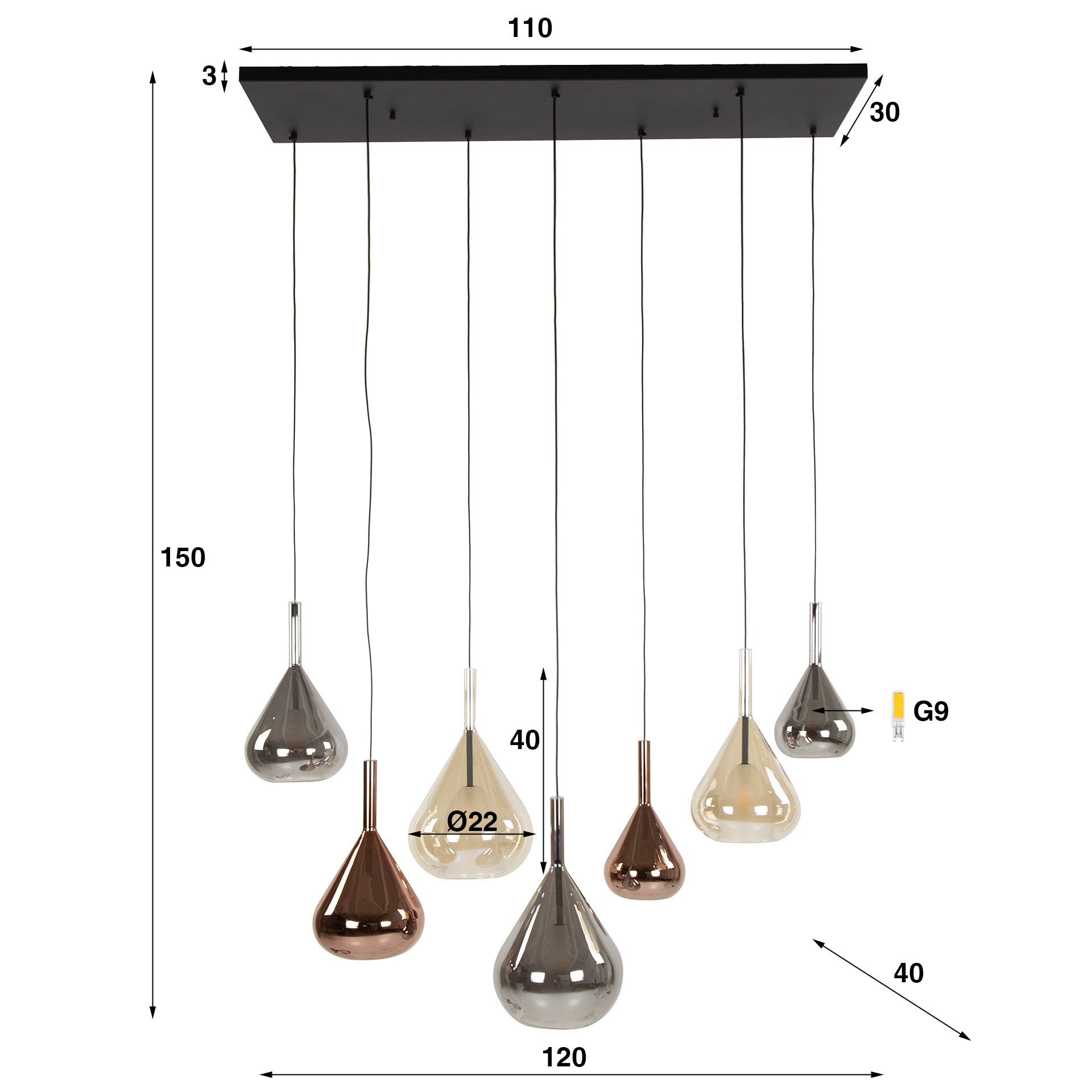 LifestyleFurn Hanglamp 'Cristine' Glas, 4+3-lamps