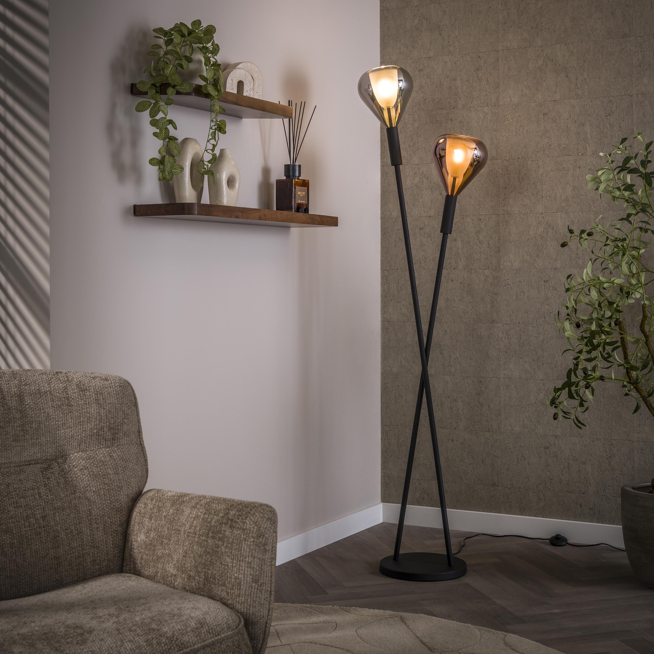 LifestyleFurn Vloerlamp Cristine 2-lamps, 175cm - Zwart