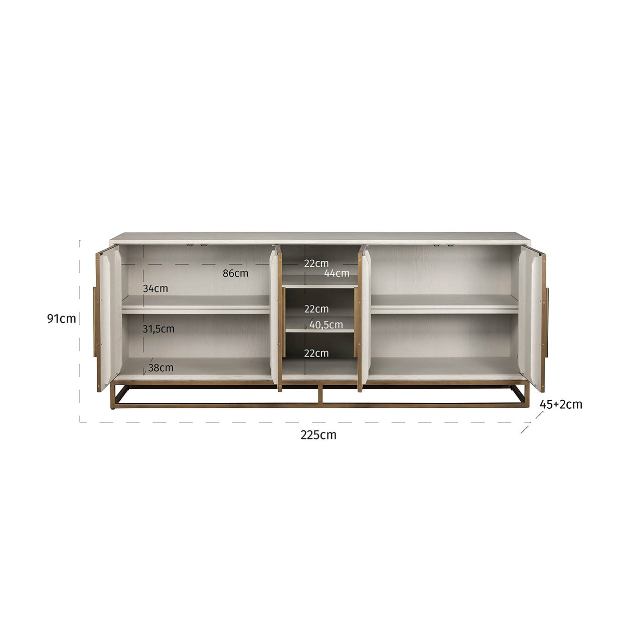 Richmond Dressoir 'Whitebone' Eiken en Brass, 225cm, kleur Verona Grey