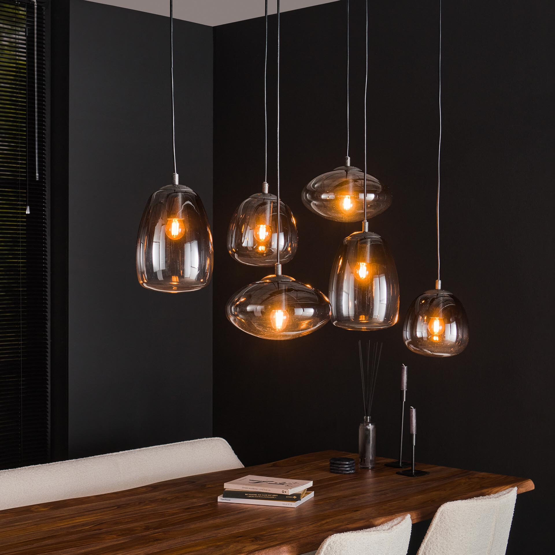 LifestyleFurn Hanglamp Tiffane 6-lamps, smoke-glas - Artic zwart