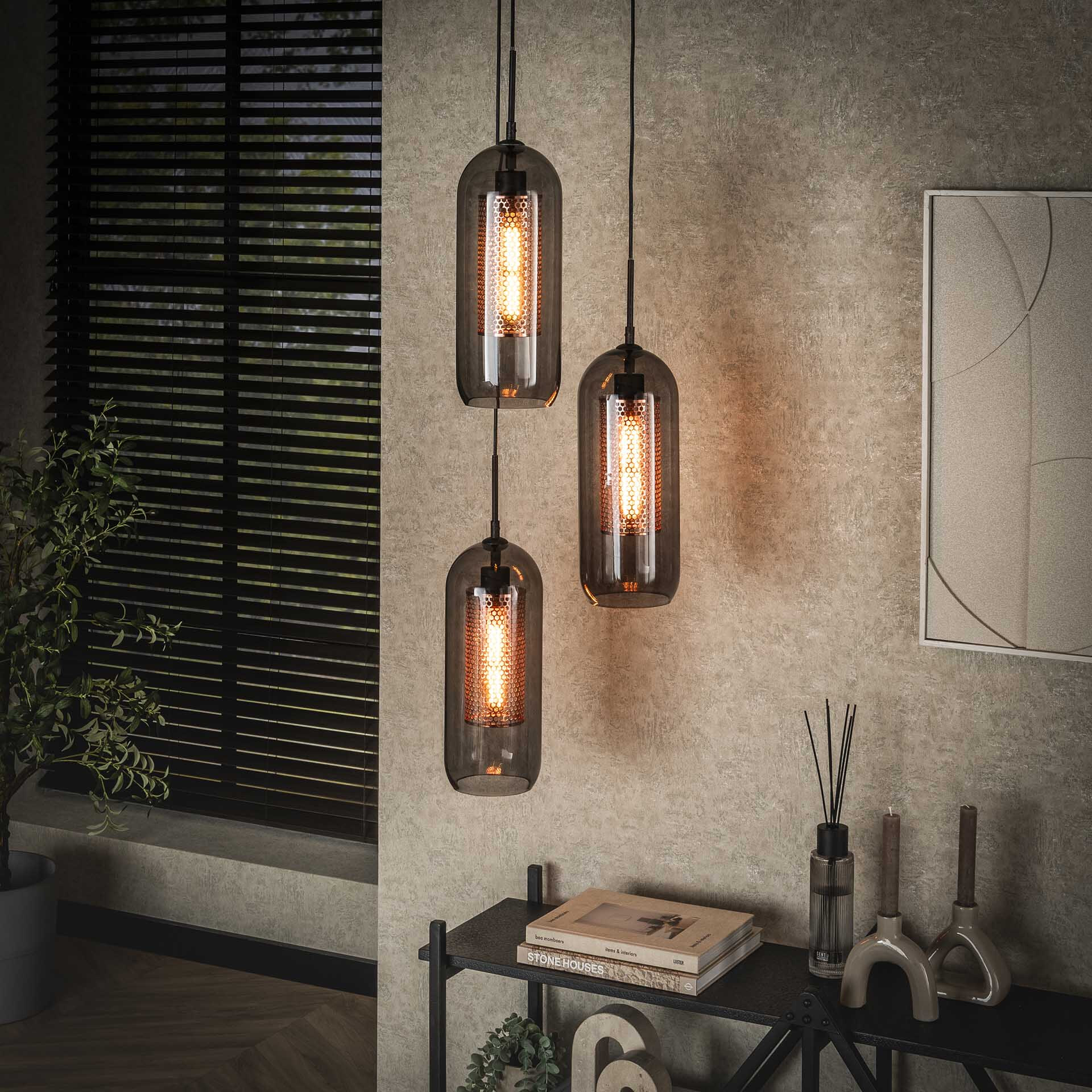 LifestyleFurn Hanglamp Jaida 3-lamps, smoke-glas - Artic zwart