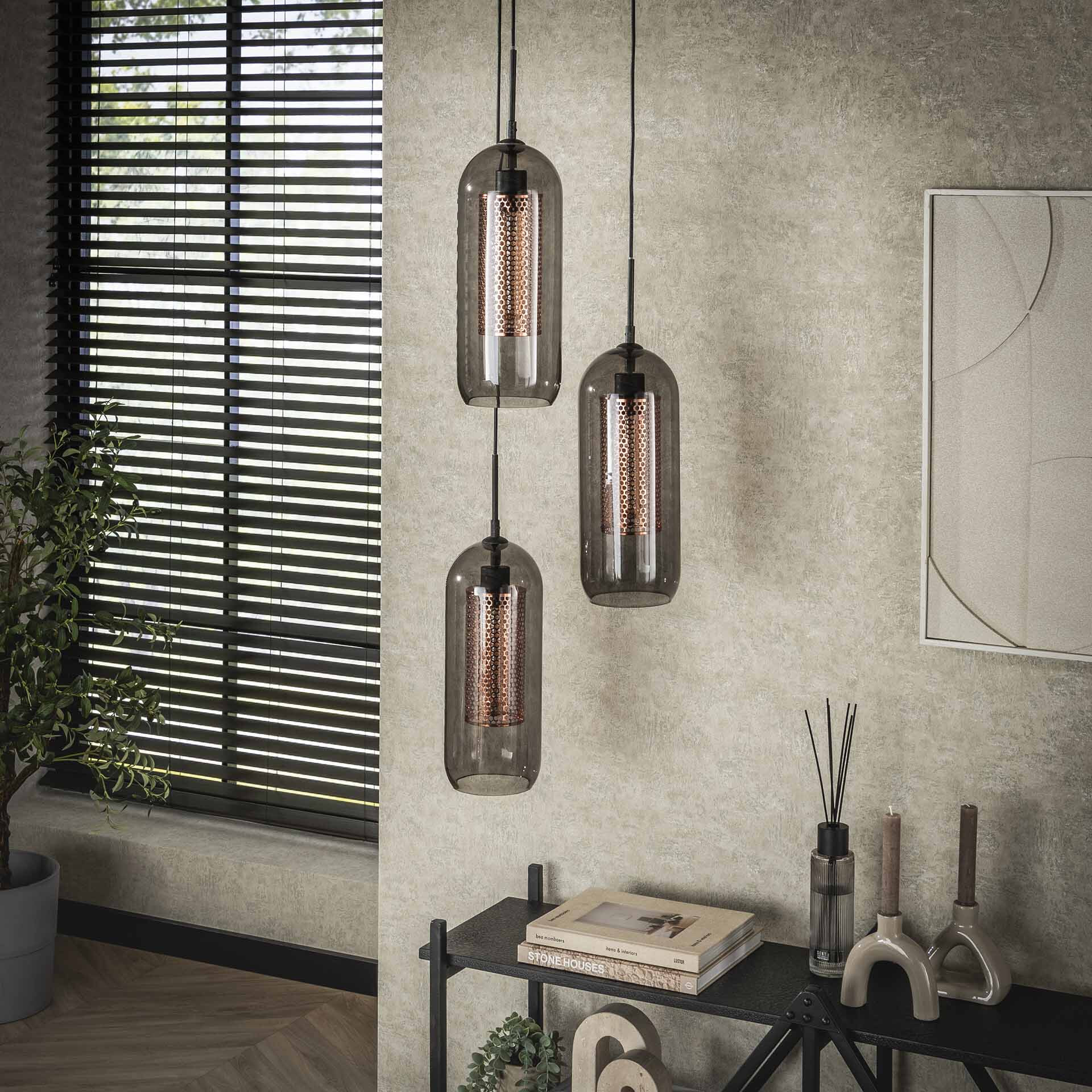LifestyleFurn Hanglamp 'Jaida' 3-lamps, smoke-glas