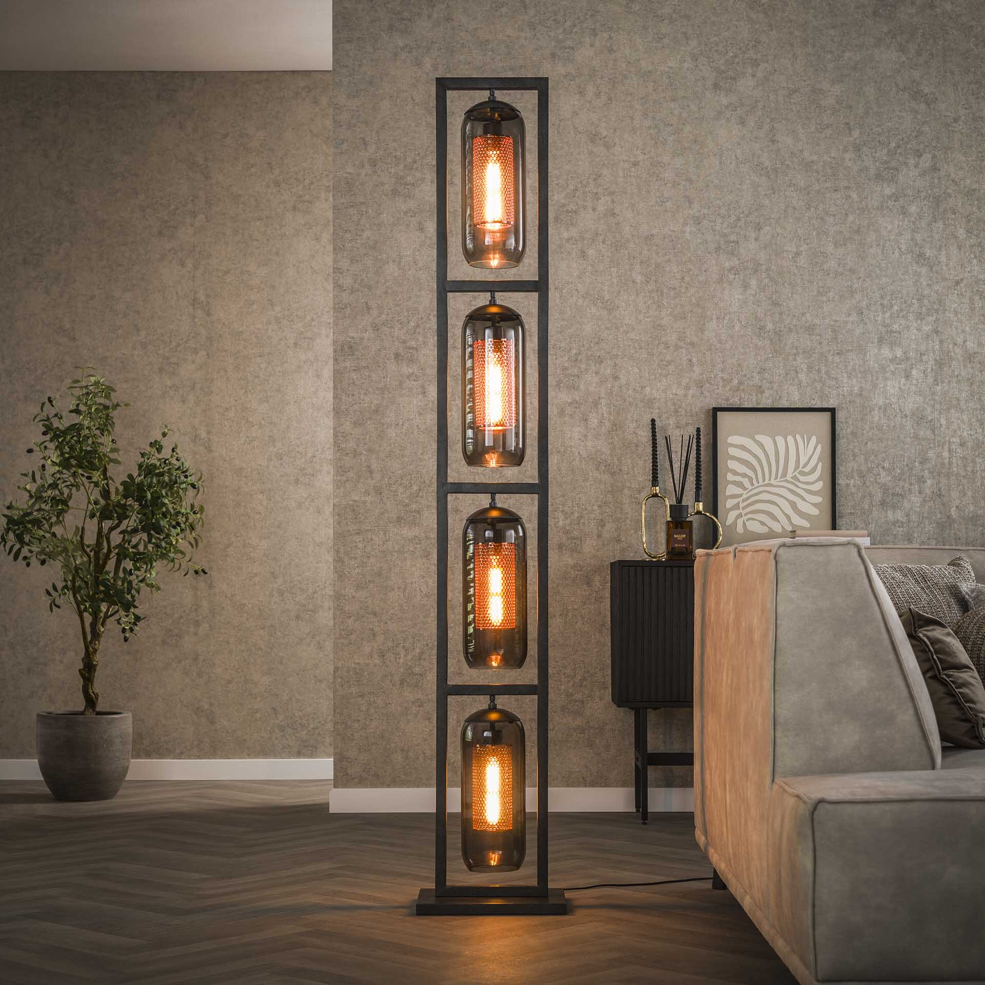 LifestyleFurn Vloerlamp 'Jaida' 4-lamps, smoke-glas