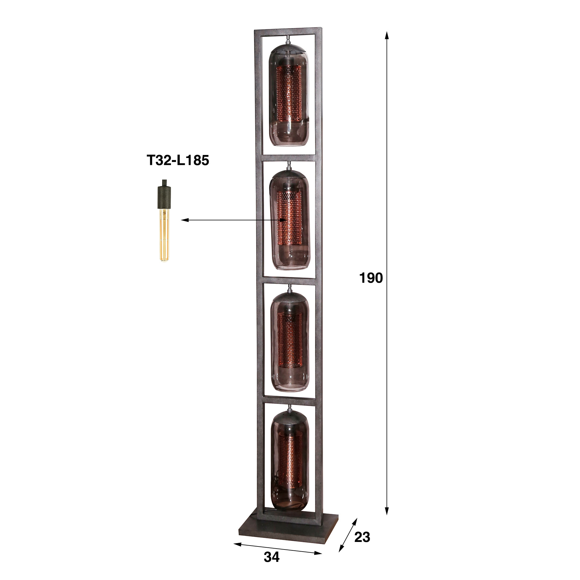 LifestyleFurn Vloerlamp 'Jaida' 4-lamps, smoke-glas