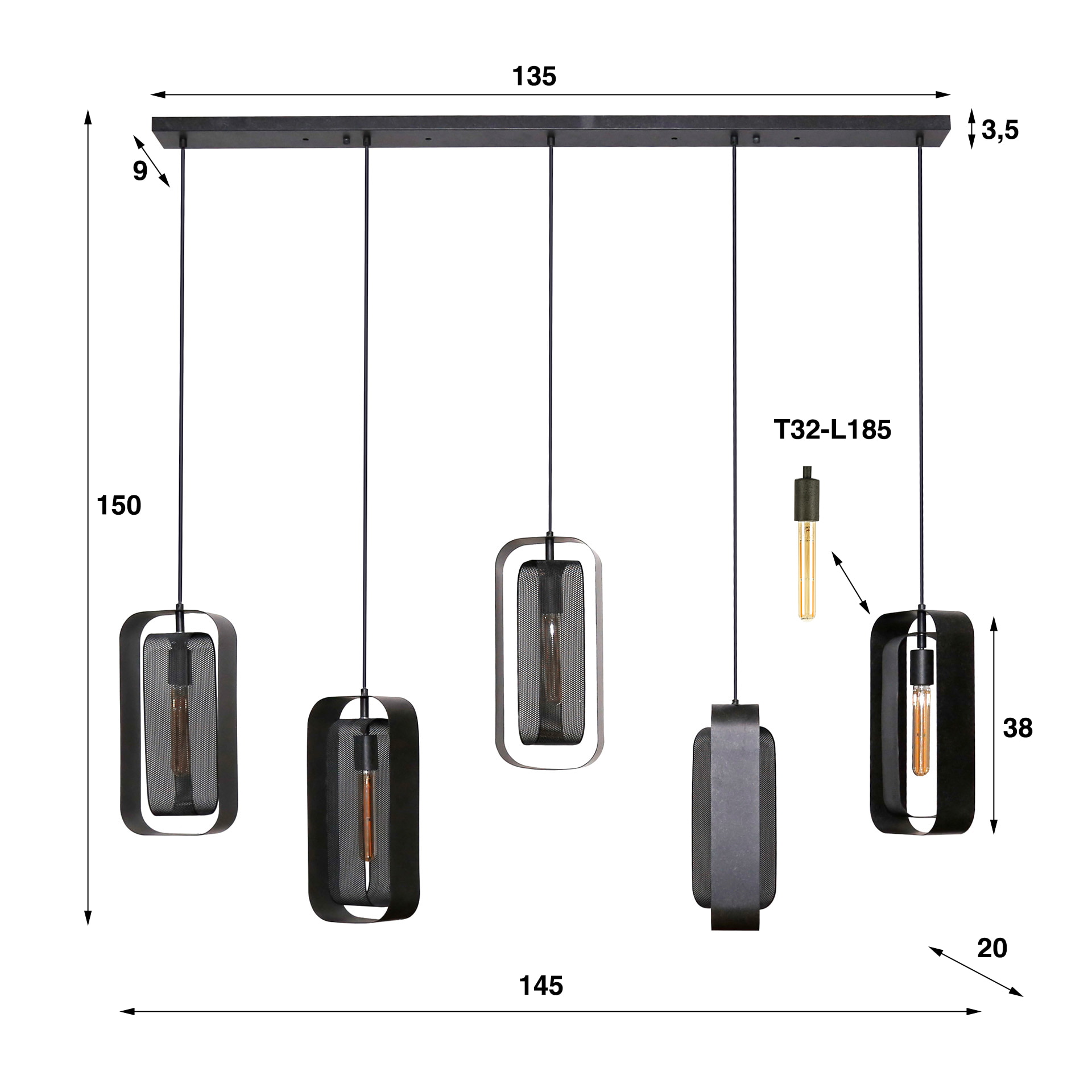 LifestyleFurn Hanglamp 'Allyse' 5-lamps, kleur Artic Zwart