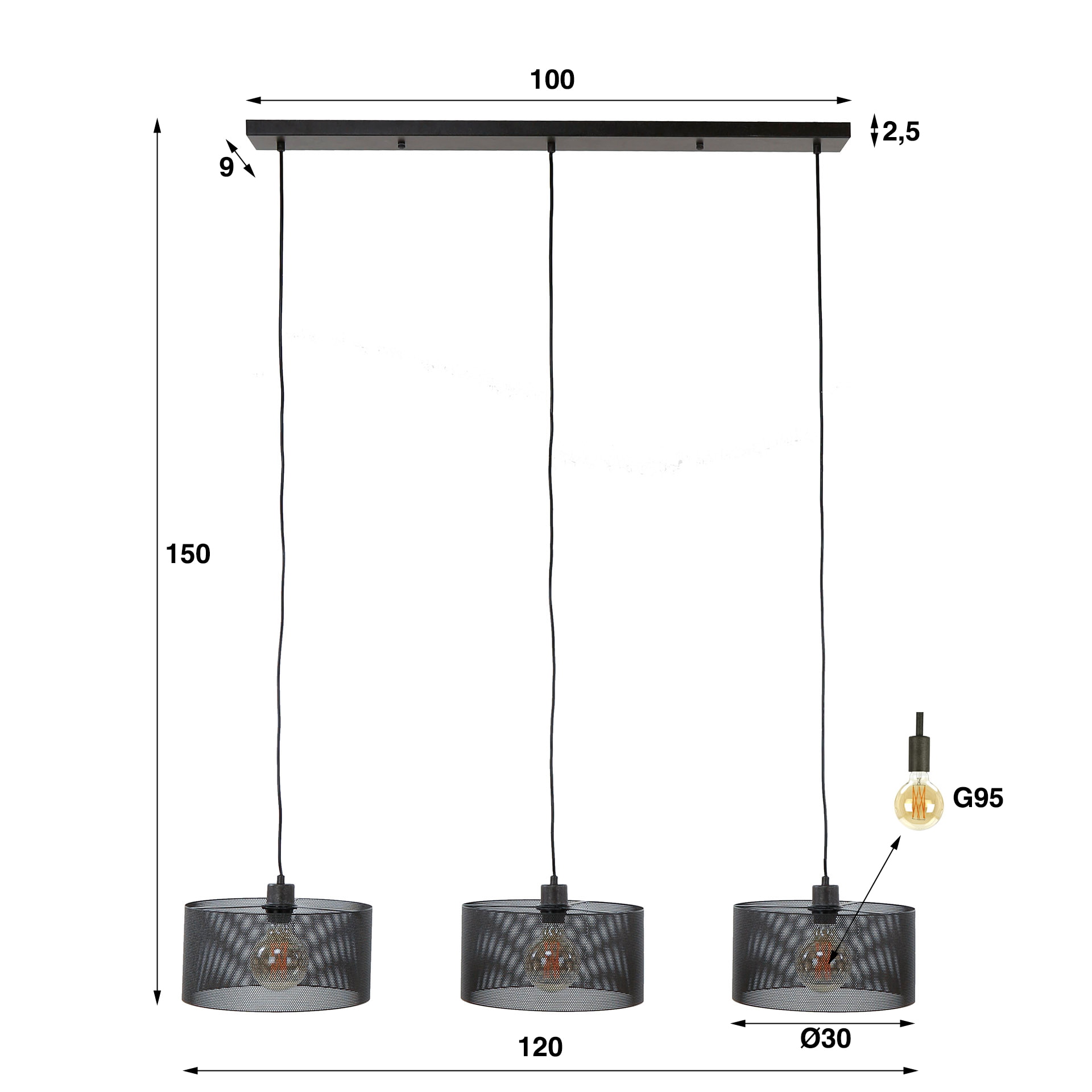 LifestyleFurn Hanglamp 'Samir' 3-lamps, kleur Artic Black